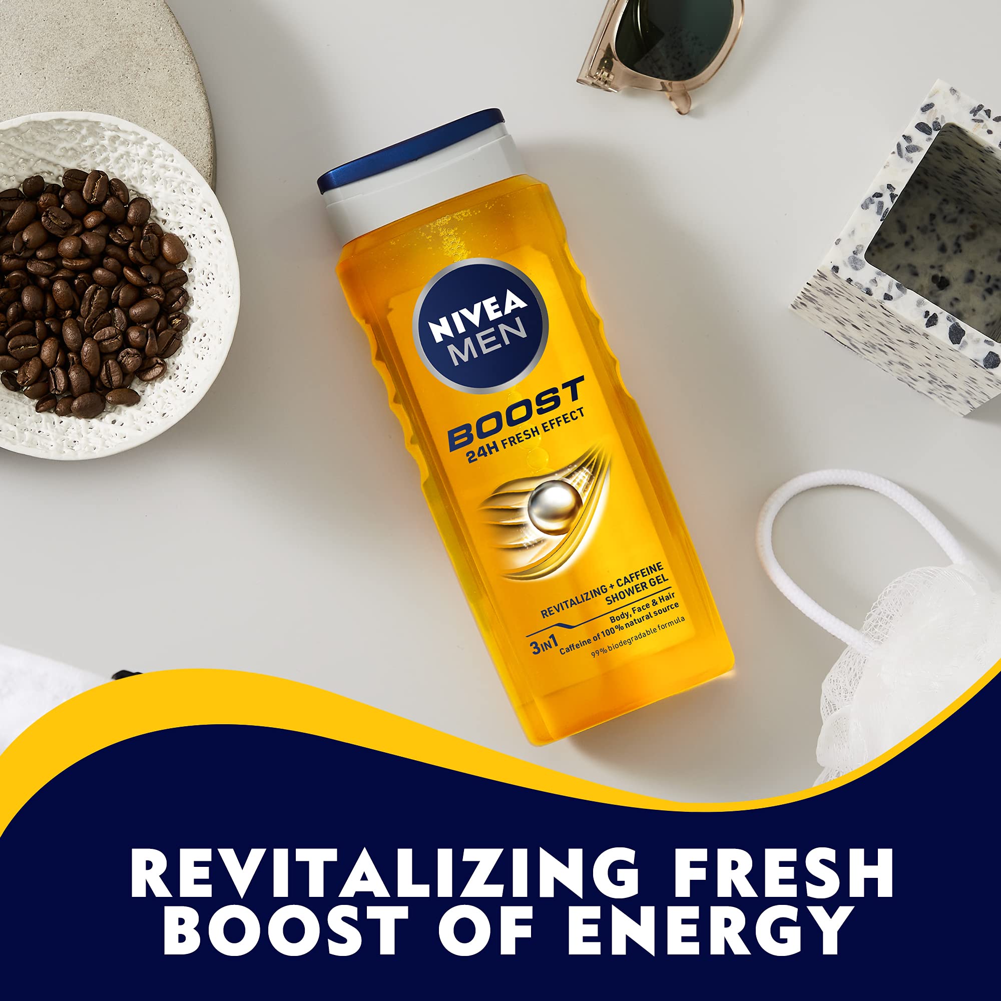 NIVEA MEN Boost Shower Gel 250ml – Energising Body Wash & Shampoo for Men, Rich Lather Cleanses Body and Hair in One, Invigorating Scent for a Refreshing, Wake-Up Shower Every Morning