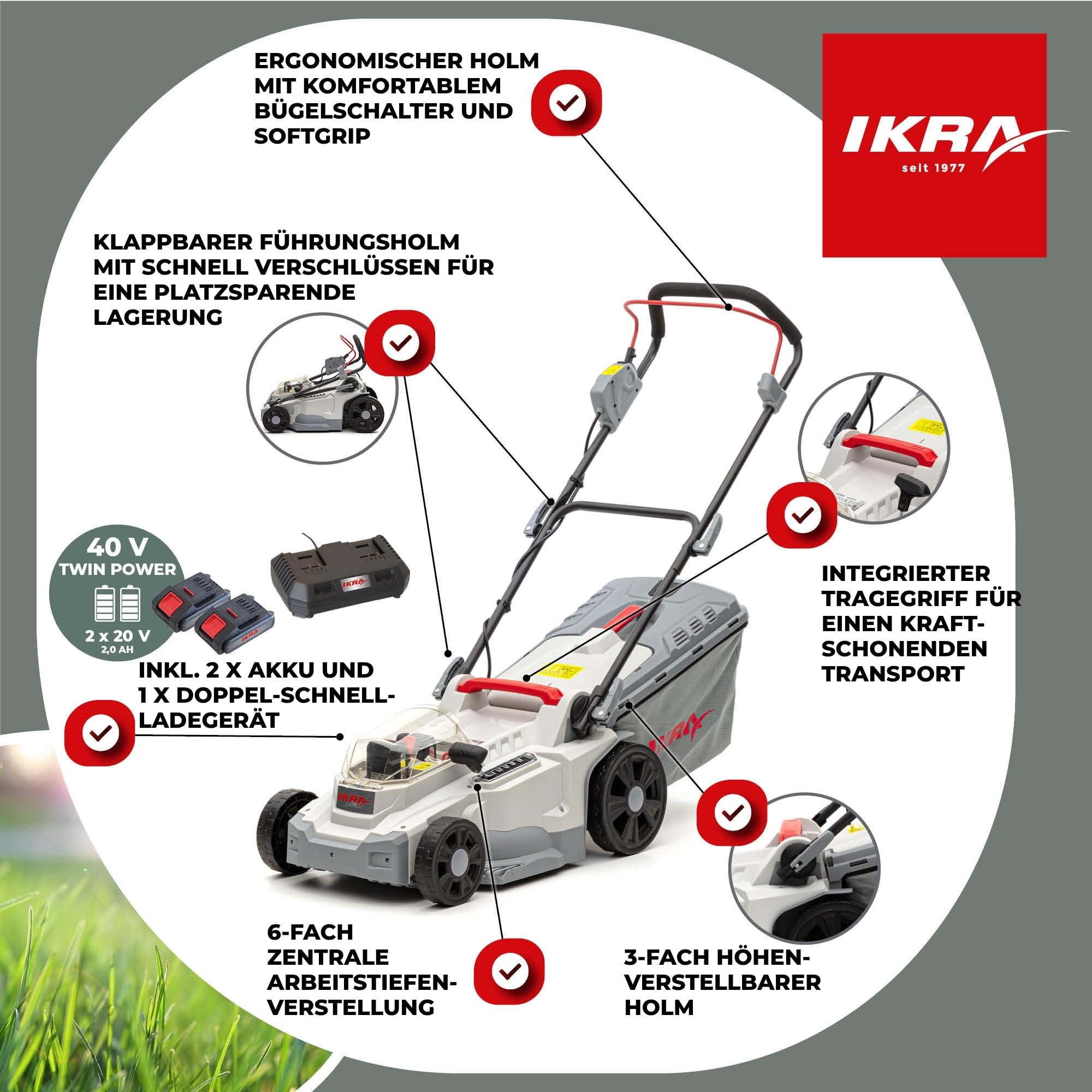 IKRA Rasenmäher ICM 2/2037, Breite 37cm, inkl. 2 Akkus 20V & Ladegerät | Schnitthöhe 25-75mm, Mulchmäher für Rasenflächen bis 250m², Holm höhenverstellbar, Fangsack 40l, 20V-Akku-Familie von IKRA
