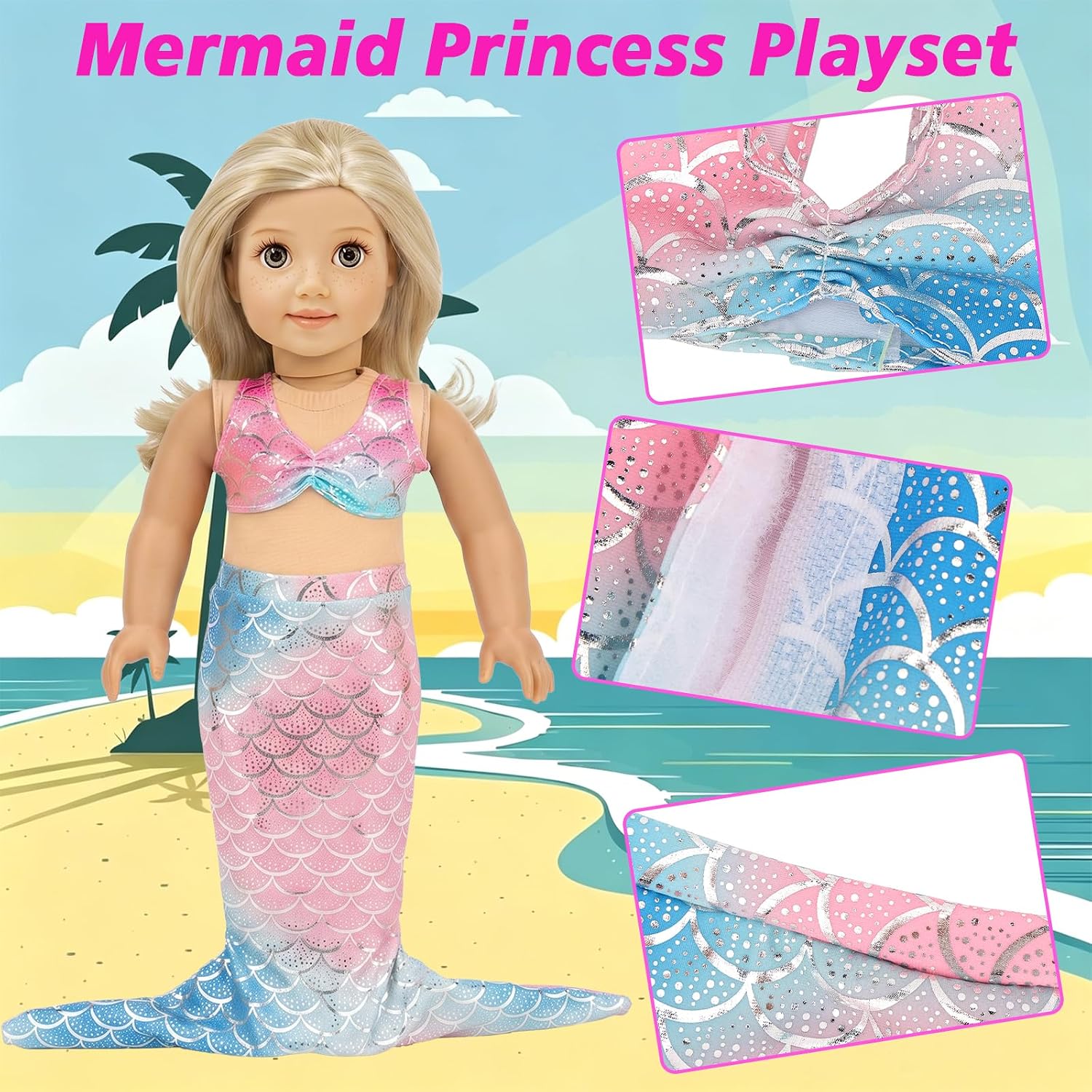 18 Inch American Doll Accessories, Fashion Doll Swimming Play Sets for American 18 Inch Girl Including Clothes Swimsuit Sunglasses Swimming Ring Shoes