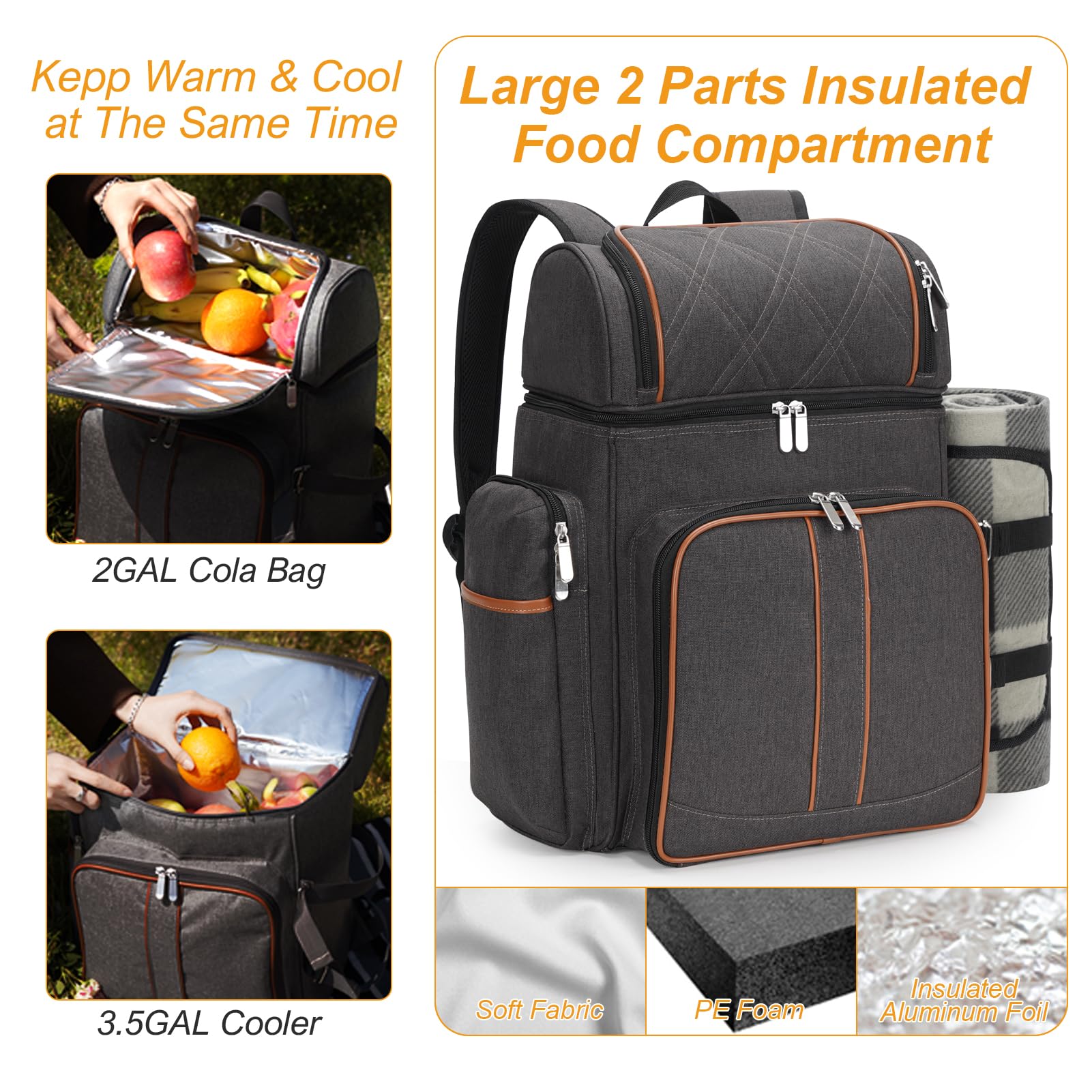 Sac à dos pique-nique pour 4, ensemble de panier pique-nique, sac pique-nique anti-fuite, sac à dos réfrigérant pour la plage avec poche isotherme pour vin, couverture pique-nique, sac à dos
