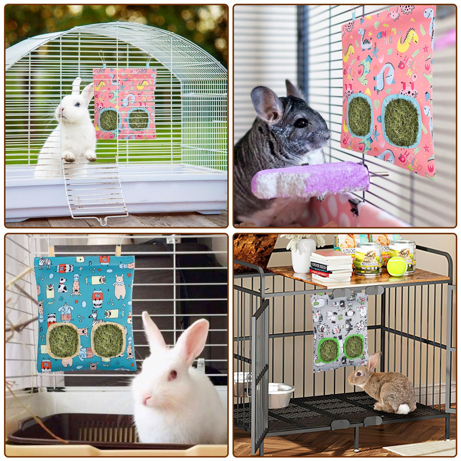 UPINS 3 Hay Bag for Rabbits - 2-Hole Hanging Hay Feeder for Guinea Pigs, Chinchillas, Hamsters & Small Pets (Dark Color) - image 7