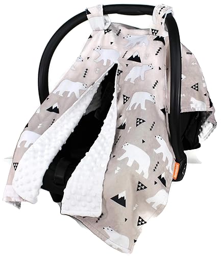 Dear Baby Gear Toldo de asiento de automóvil de lujo, impresión personalizada de Minky, oso polar blanco en gris pardo, punto blanco Minky