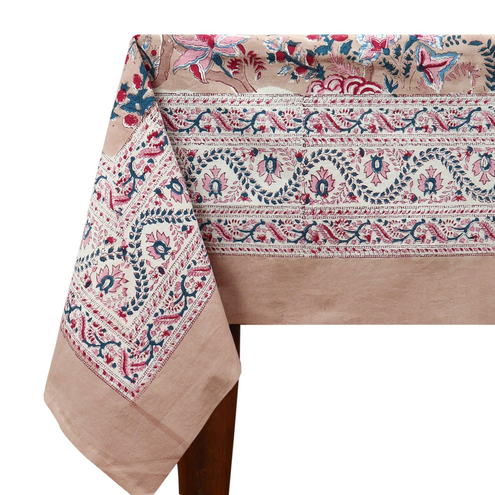 72x180 Inches Rectangle Hand Block Printed Cotton Tablecloth, Red Brown Floral Table Cloths Washable, Indian Table Linen For Dinning Home Decor Spring Autumn Outdoor Thanksgiving — image 1