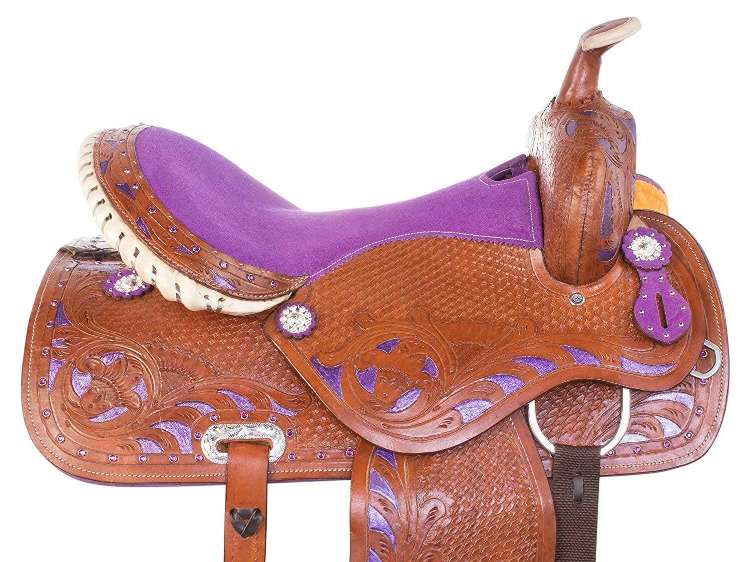 Sella per cavalli western viola, da corsa, in pelle bovina di alta qualità, set di sella per cavalli