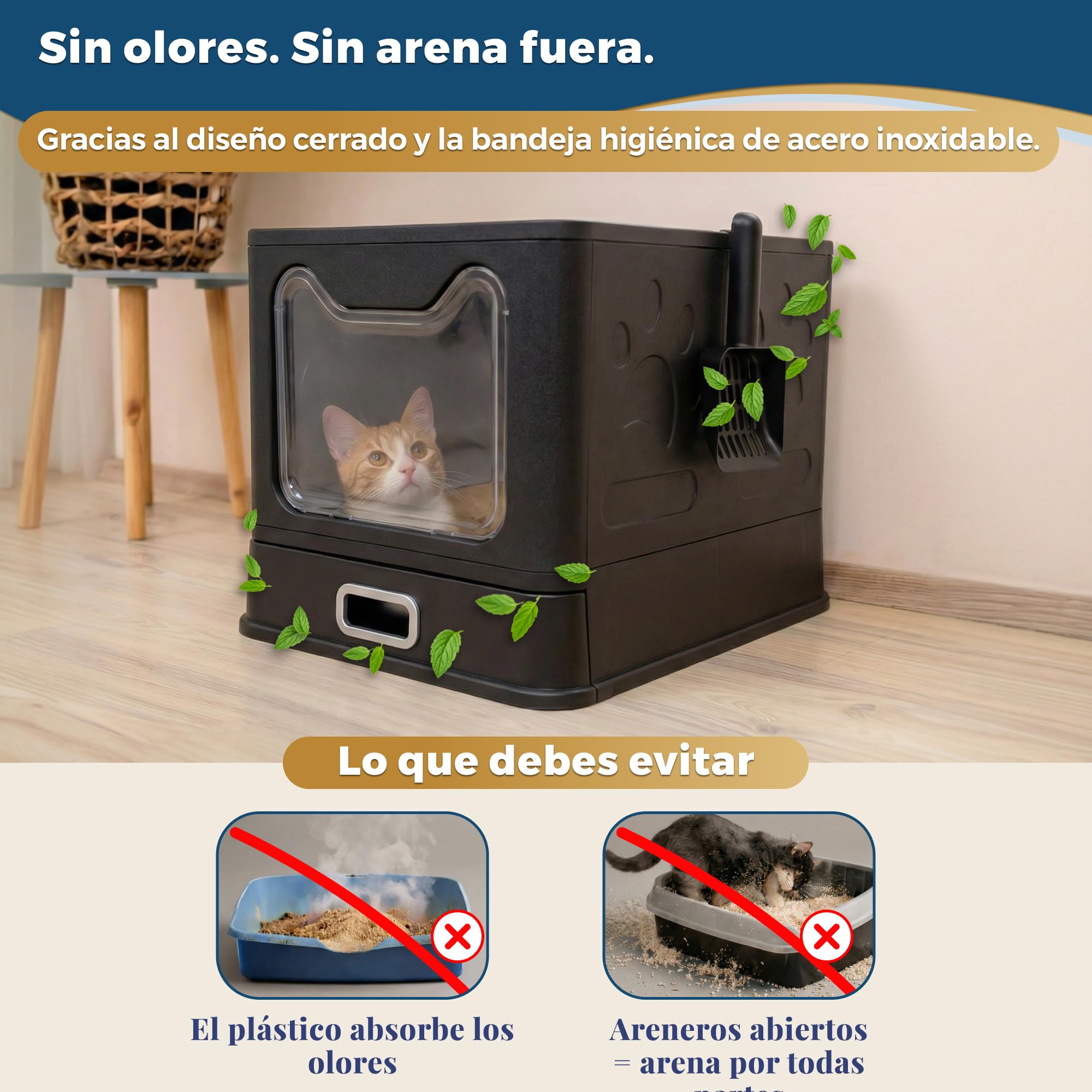 Arenero Gato Acero Inoxidable Cubierto – Caja Arena con Bandeja Extraíble – Antiolores, antifugas, fácil de Limpiar – Arenero para Gatos con Doble Entrada – con Pala – (38,3×51×41 cm) - Negro