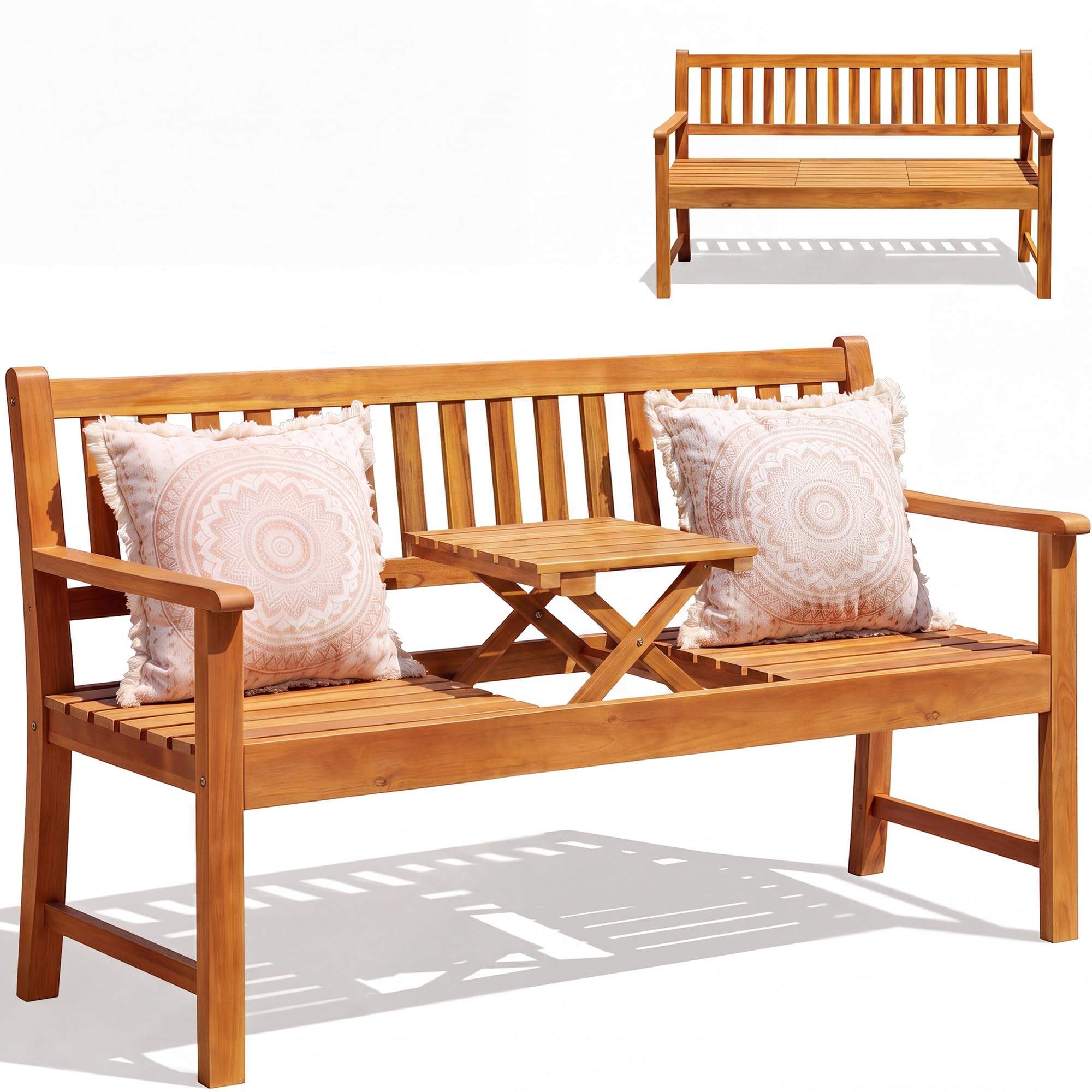 Devoko acacia wood outdoor bench with pull-out table