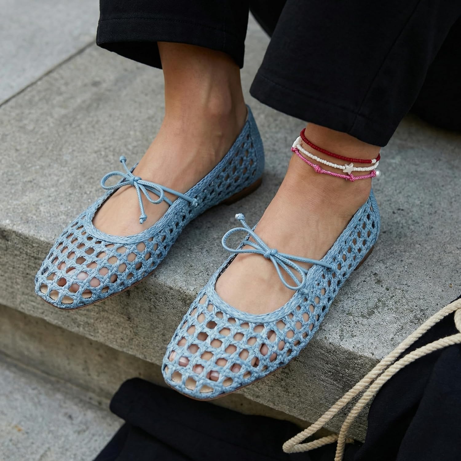 Women Woven Mesh Ballet Flats Raffia Lace up Ballerina Mary Jane Flats Fashion Casual Slip on Shoes - Image 2