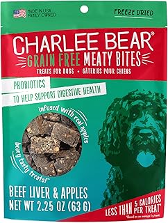 Charlee Bear Grain Free Meaty Bites Freeze Dried Dog Treats, Beef Liver and Apples, 2.25 Ounce Resealable Bag, Training Treats or Meal Topper Dogs, High Protein Dog Snacks, Made in USA