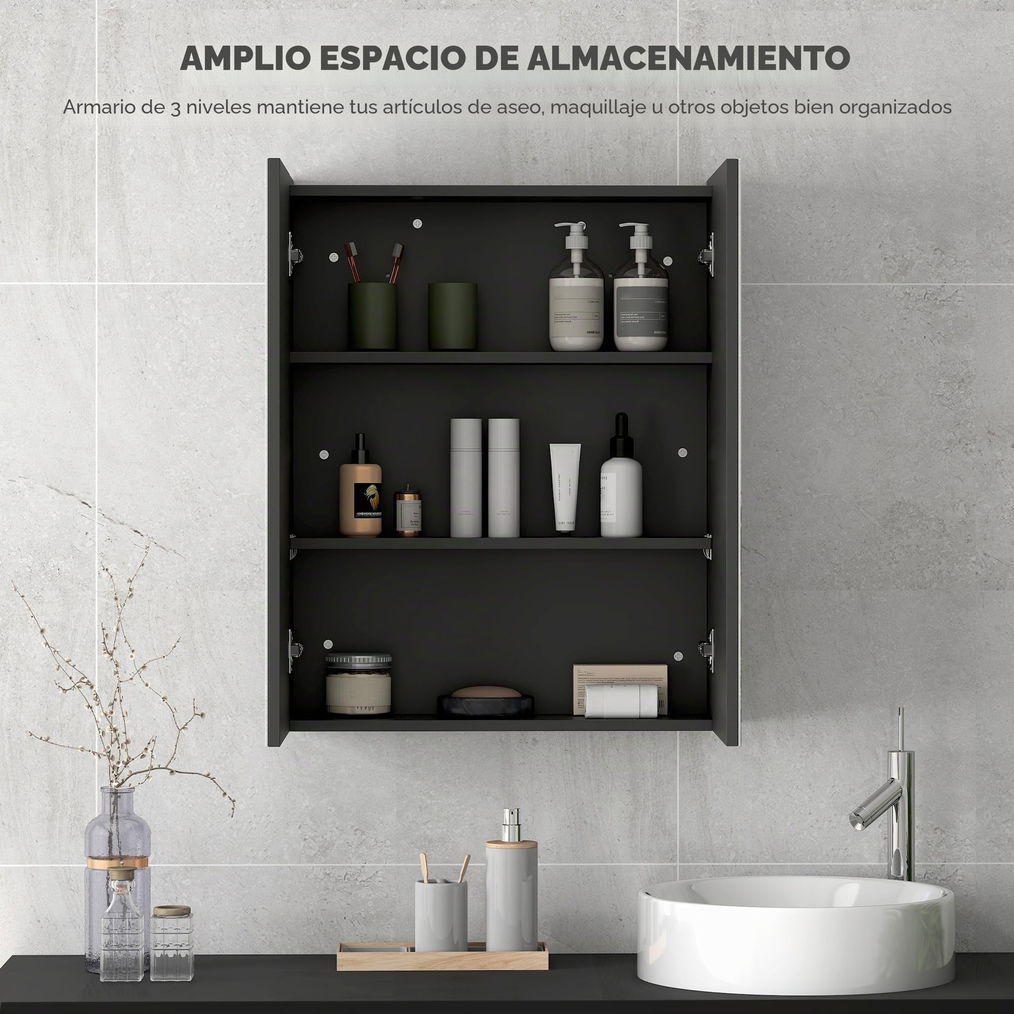 HOMCOM Armario de Pared para baño 2 Puertas 2 estantes 60x15x75cm Negro