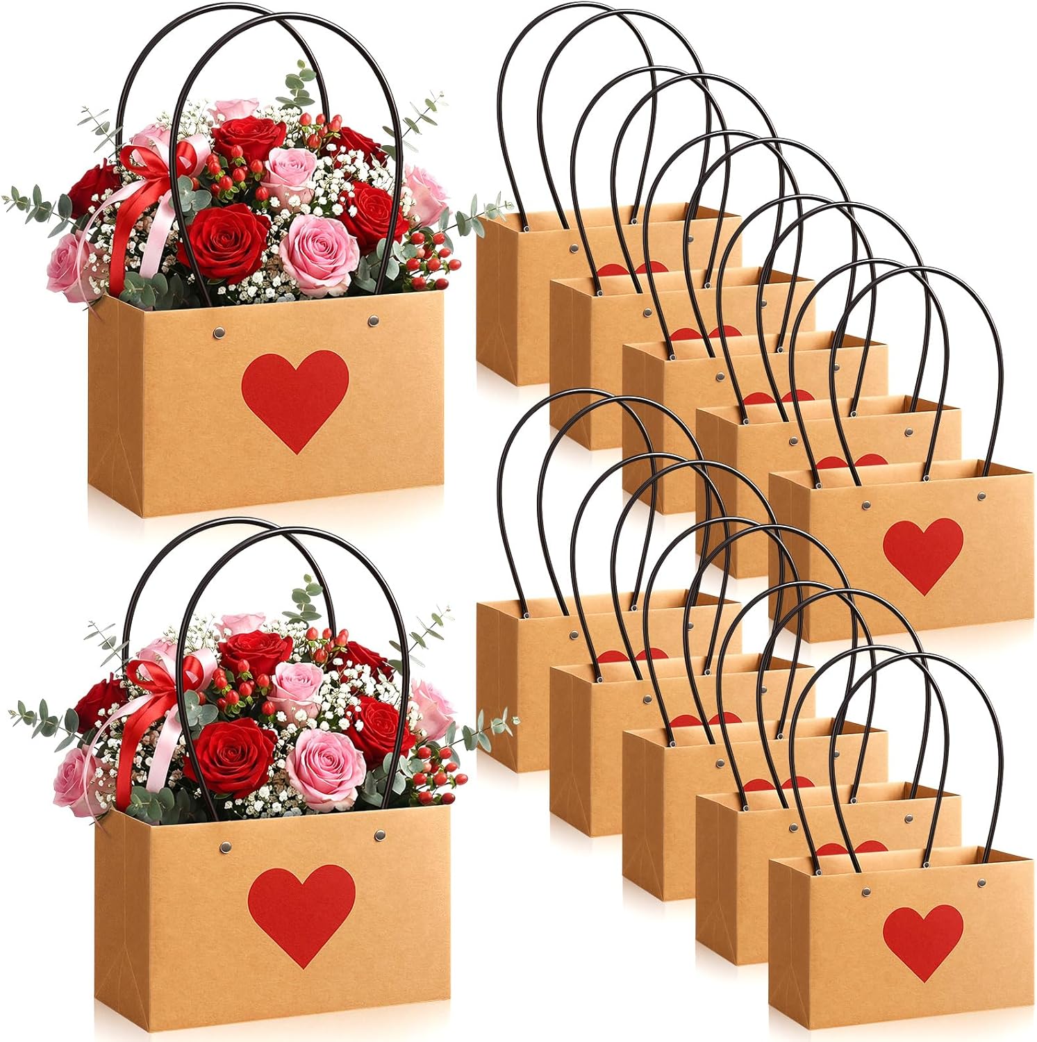 Tinlade 12 Pack Mother's Day Flower Gift Bags, Kraft Paper Heart Bouquet Tote Bags with Handles for Wedding, Waterproof Lining, Brown Red, for Bouquets, Gift Wrapping, Party Favors