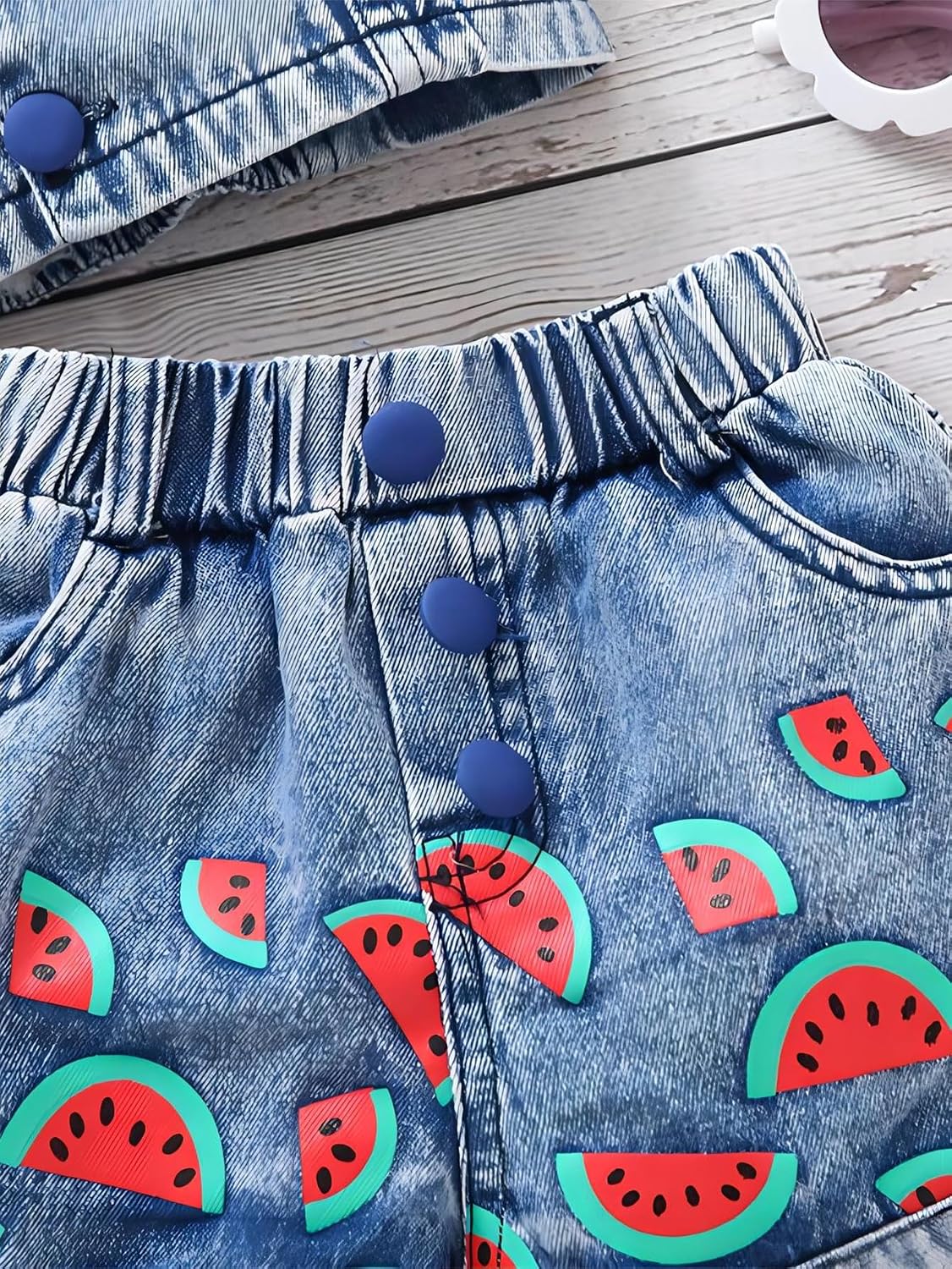 Toddler Girl's Two Piece Outfit Set Denim Smocked Sleeveless Crop Tank Tops & Watermelon Print Shorts