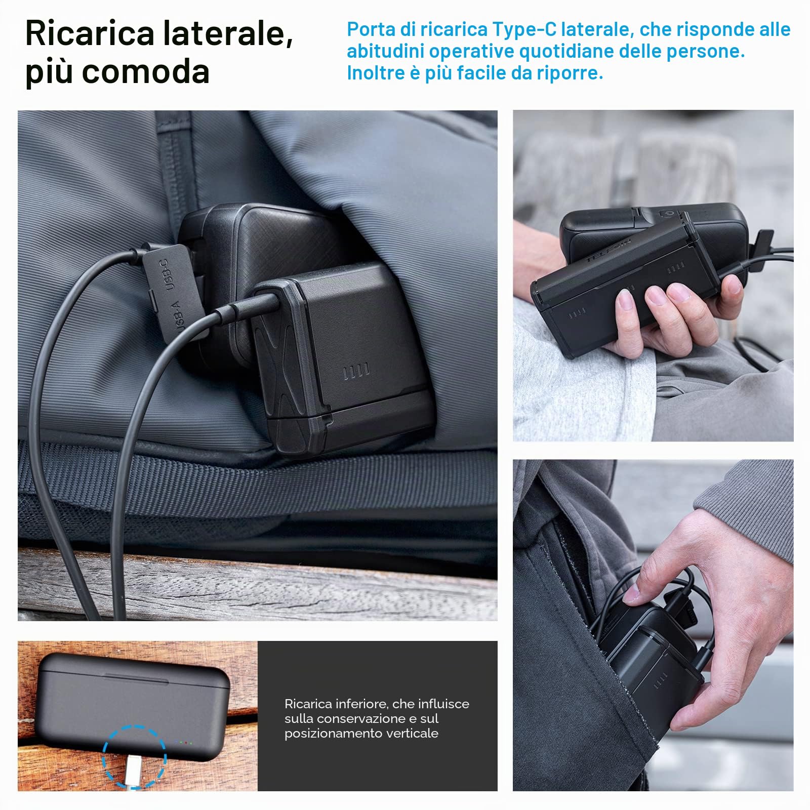 TELESIN Caricabatteria Tascabile per GoPro Hero 12 11 10 9, Ricarica Rapida, Design Portatile, 3 Slot, 2 Memorie per Schede TF, Compatibile con Batterie Enduro e Standard, Accessori