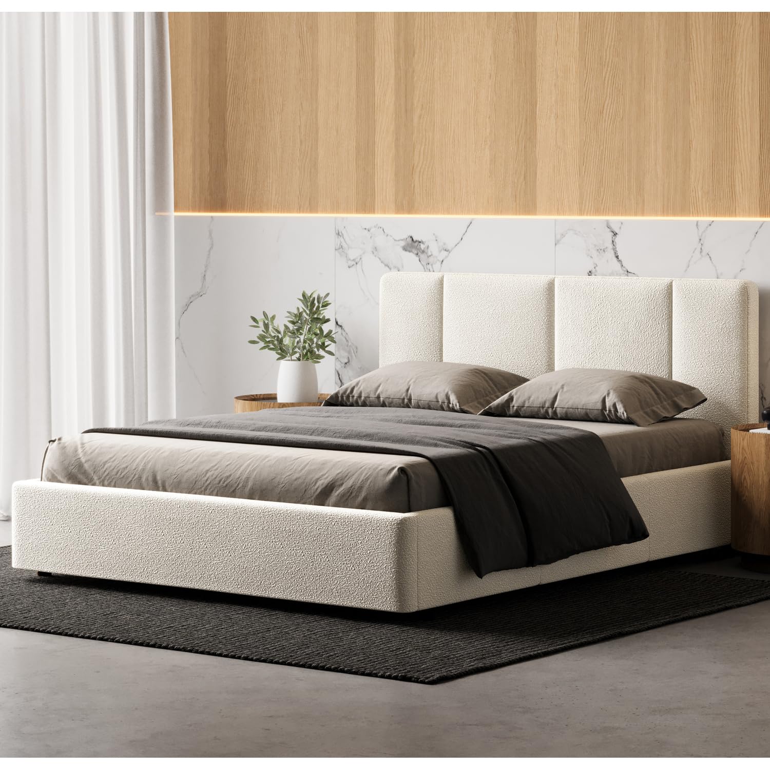Venice Upholstered Platform Bed | Box Spring Not Required | (Cream Beige Boucle, Queen Bed Frame) (Box 1 of 3 Only)