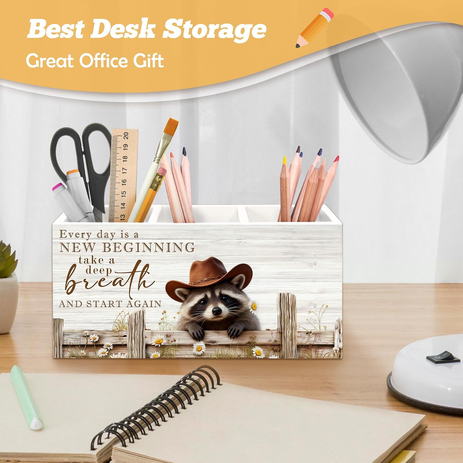 Inspirational Western Cowboy Raccoon Pen Holder Organizer for Desk Accessories, Farmhouse Daisy Floral Raccoon Affirmation Wooden Box Sign Desk Decorations for Home Office Decor image 2