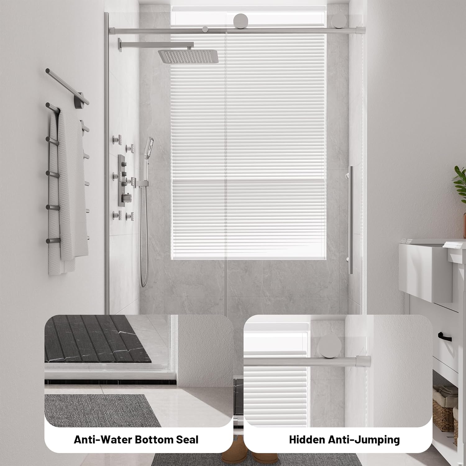 Close-up of anti-water bottom seal and hidden anti-jumping mechanism