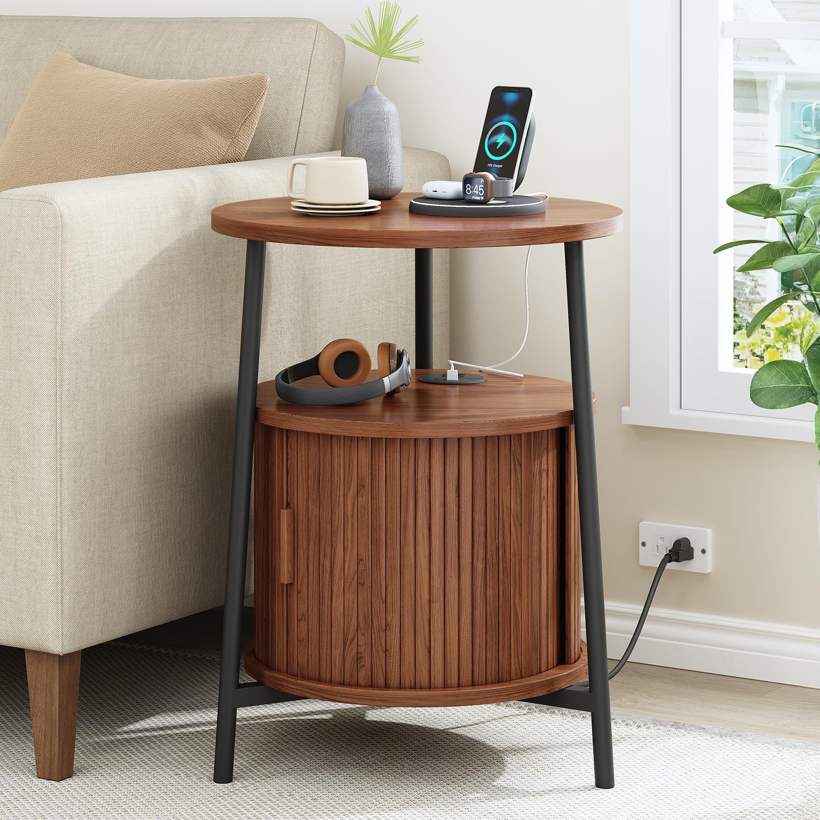 ONBRILL Round Side Table with Storage and Charging Station