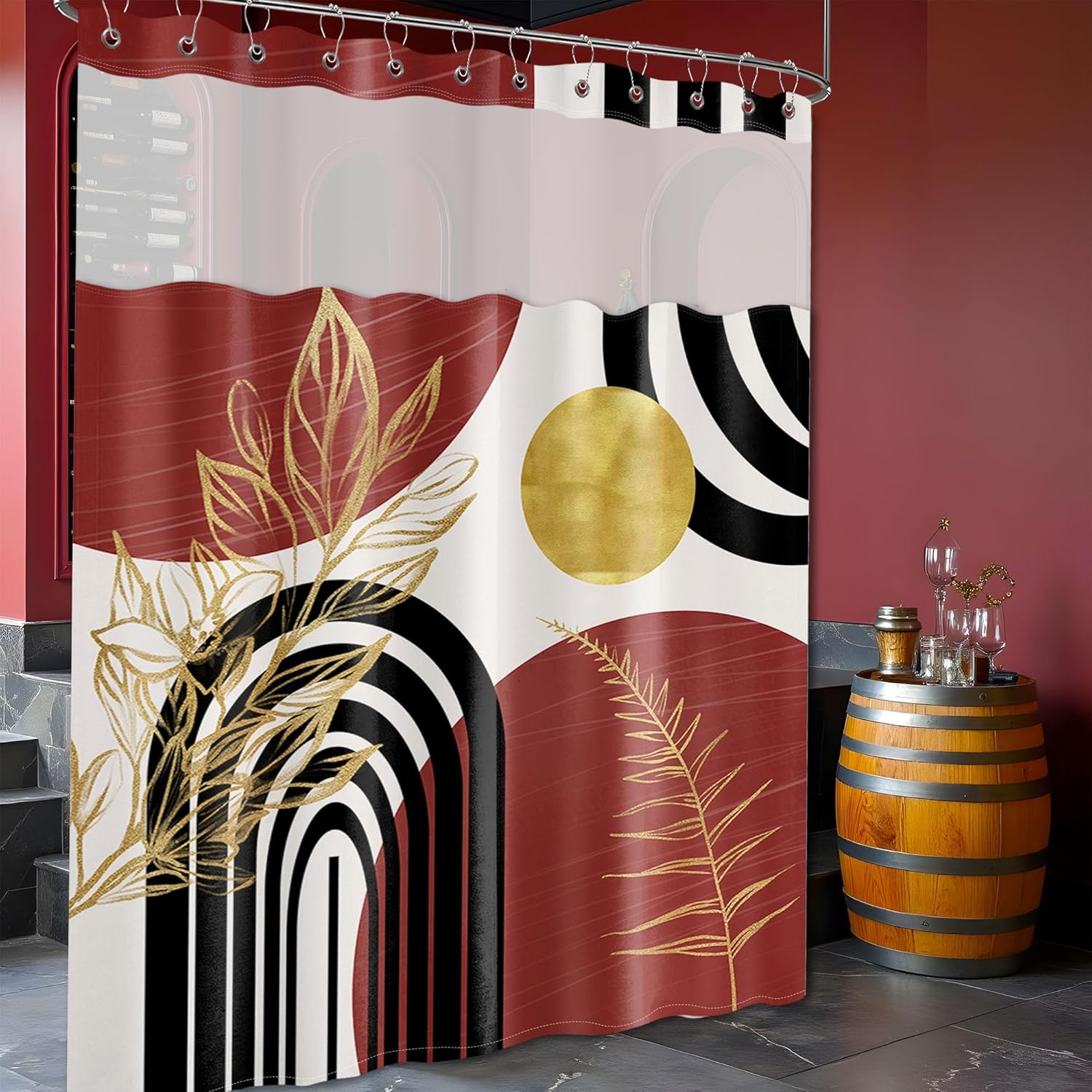 Black and Red Boho See Through Mesh Top Shower Curtain with Window, Dark Red Mid Century Modern Mens Double Layer Shower Curtains with Snap in Liner, Waterproof Fabric with Hooks, 71x72 in