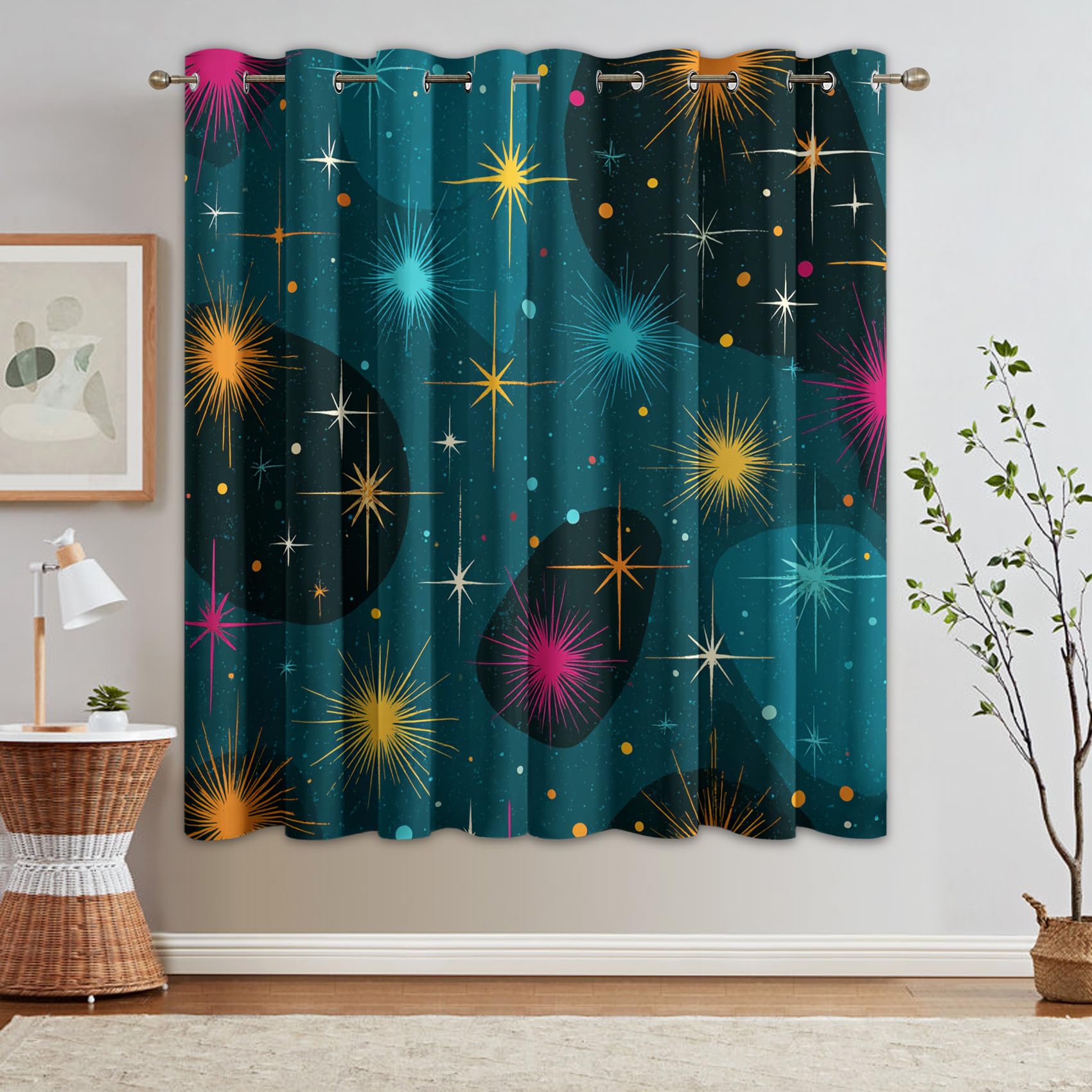 Rideau étoile Occultant Motif Mid Century Retro Rideaux Chambre Salon Cuisine 140 x 220 cm, Oeillets Rail Rideaux Occultants Thermique