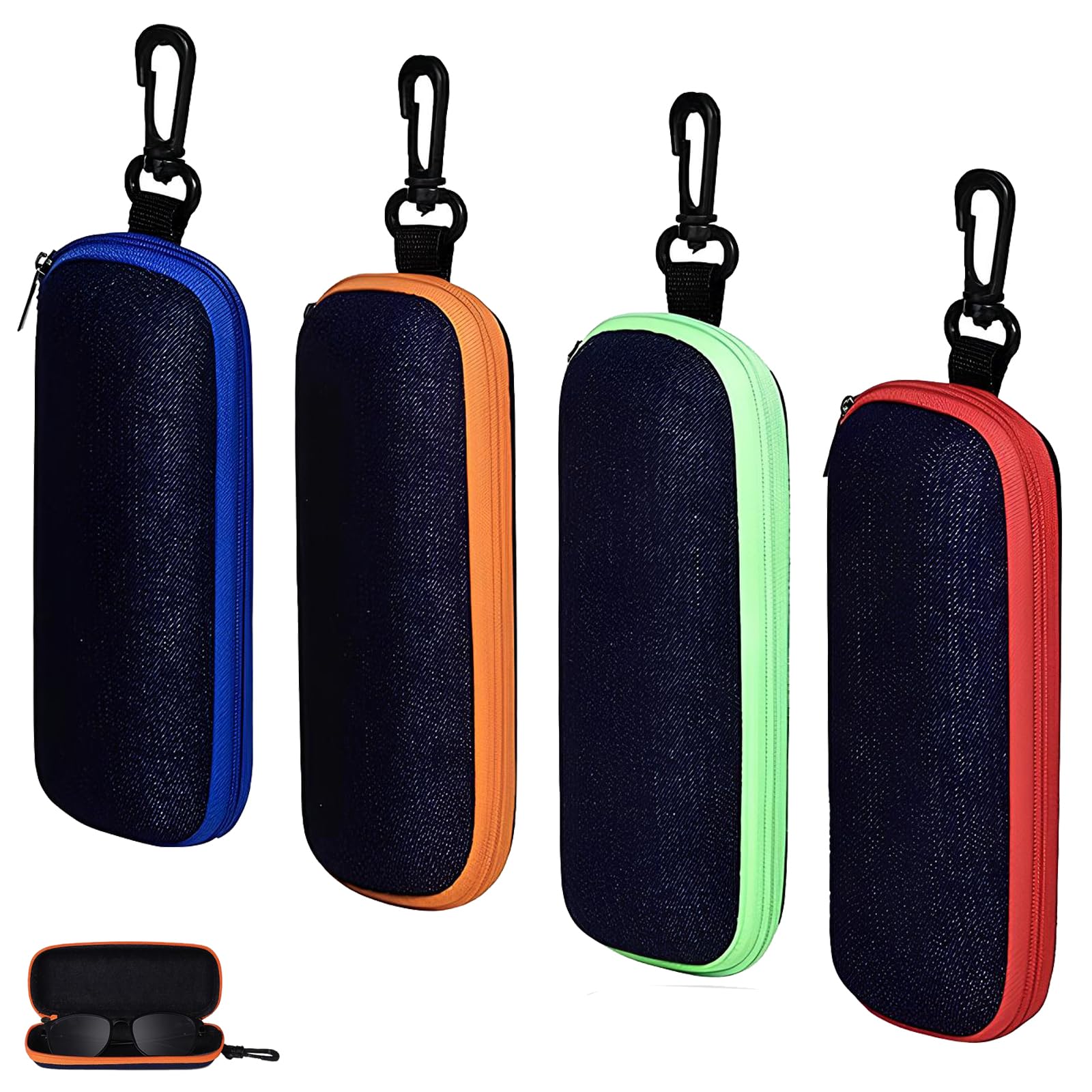 Jlnmmn4 Piezas Estuche para Gafas con Cremallera, Protector de Gafas Estuches, Funda para Gafas de Sol, Estuche Gafas Sol y Gafas Portátil, con Cremallera Mosquetón, para Presbicia, Miopía, Gafas de Sol