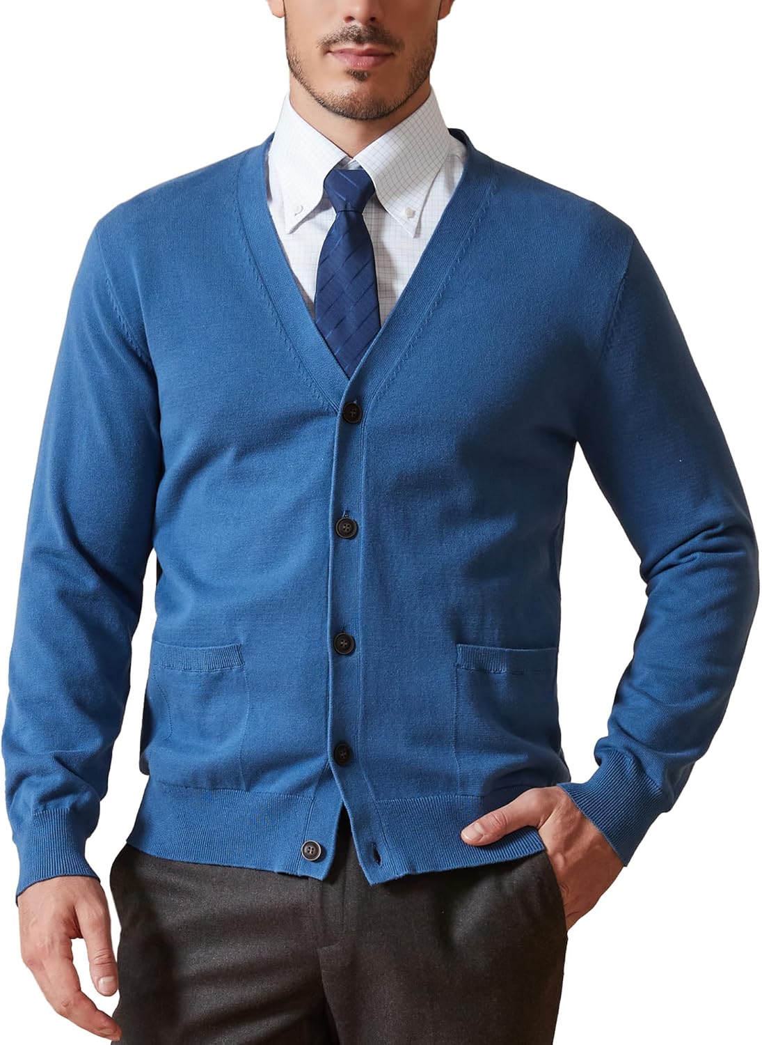 Kallspin Men’s Pure Cotton Cardigan Sweater V-Neck Button Down Cardigan Lightweight Knitwear with Pockets