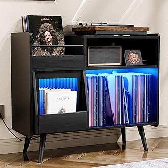 Large Record Player Stand with Sliding Door,350 Vinyl Record Storage Cabinet, Record Player Table with Power Outlet and LED Light,Turntable Stand with Wood Legs for Living Room,Bedroom,Office