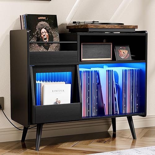 Soporte grande para tocadiscos con puerta corredera, gabinete de almacenamiento para 350 discos de vinilo, mesa para tocadiscos con toma de