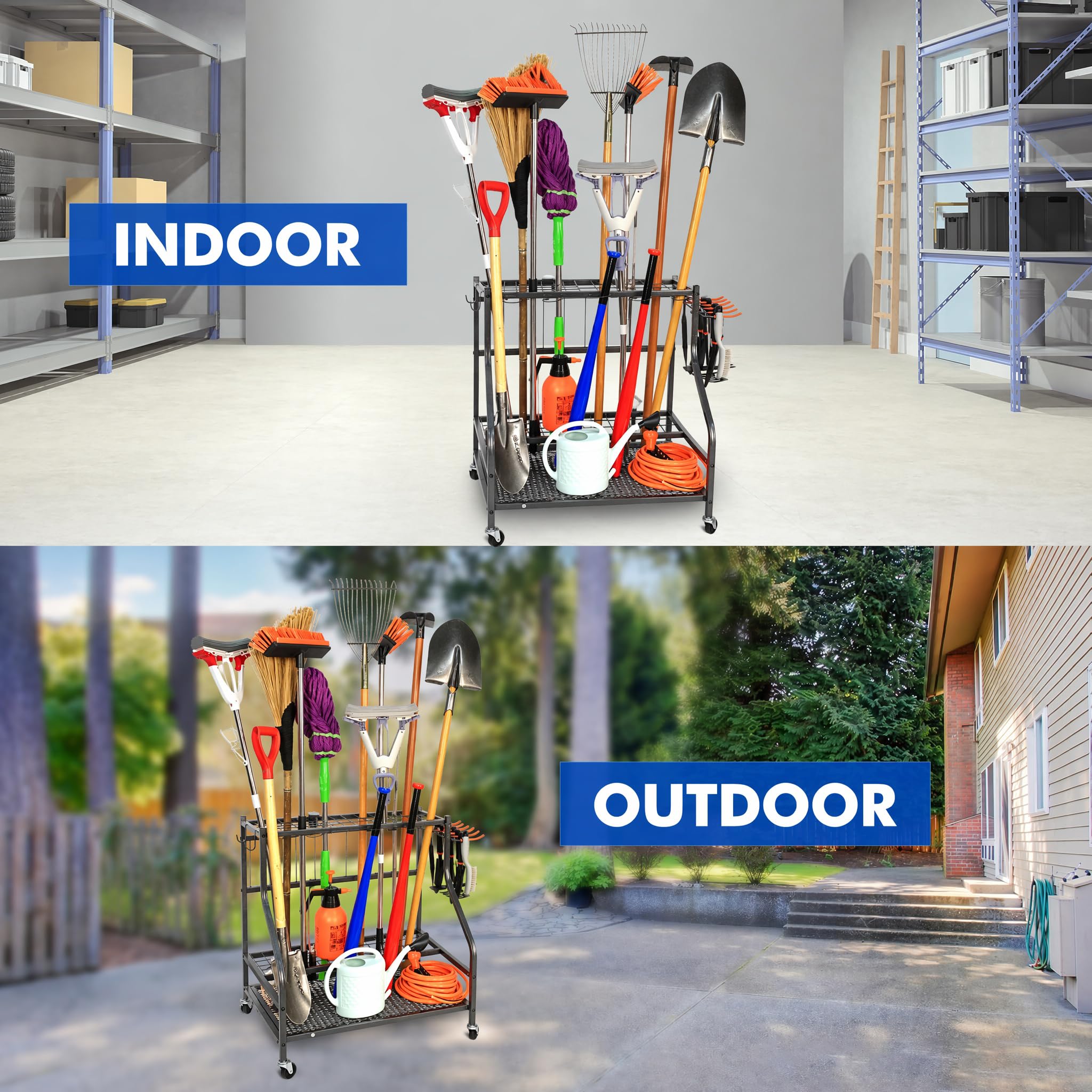 Sinoer - Organizador de herramientas de jardín de metal de 3 niveles con gancho y rueda para césped, garaje, patio y jardín