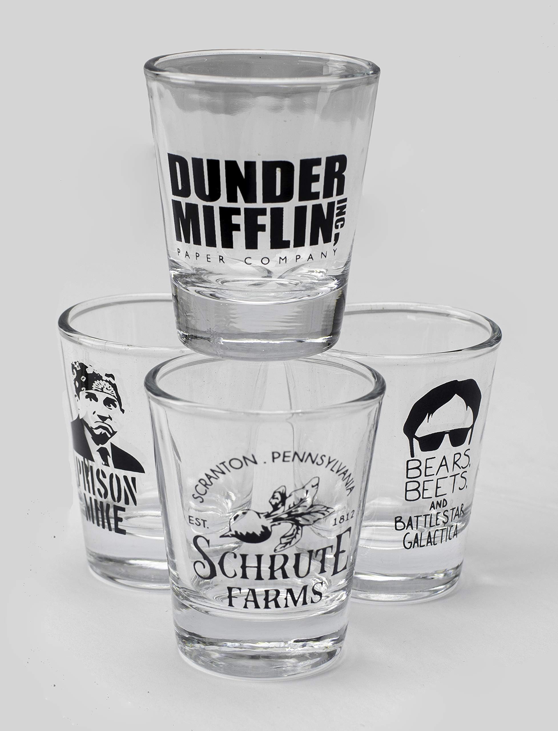 Sweet Blaze Designs The Office 4 Piece Shot Glass Set (Dunder Mifflin, Prison Mike, Schrute Farms, and Bears, Beets, Battlestar Galactica))
