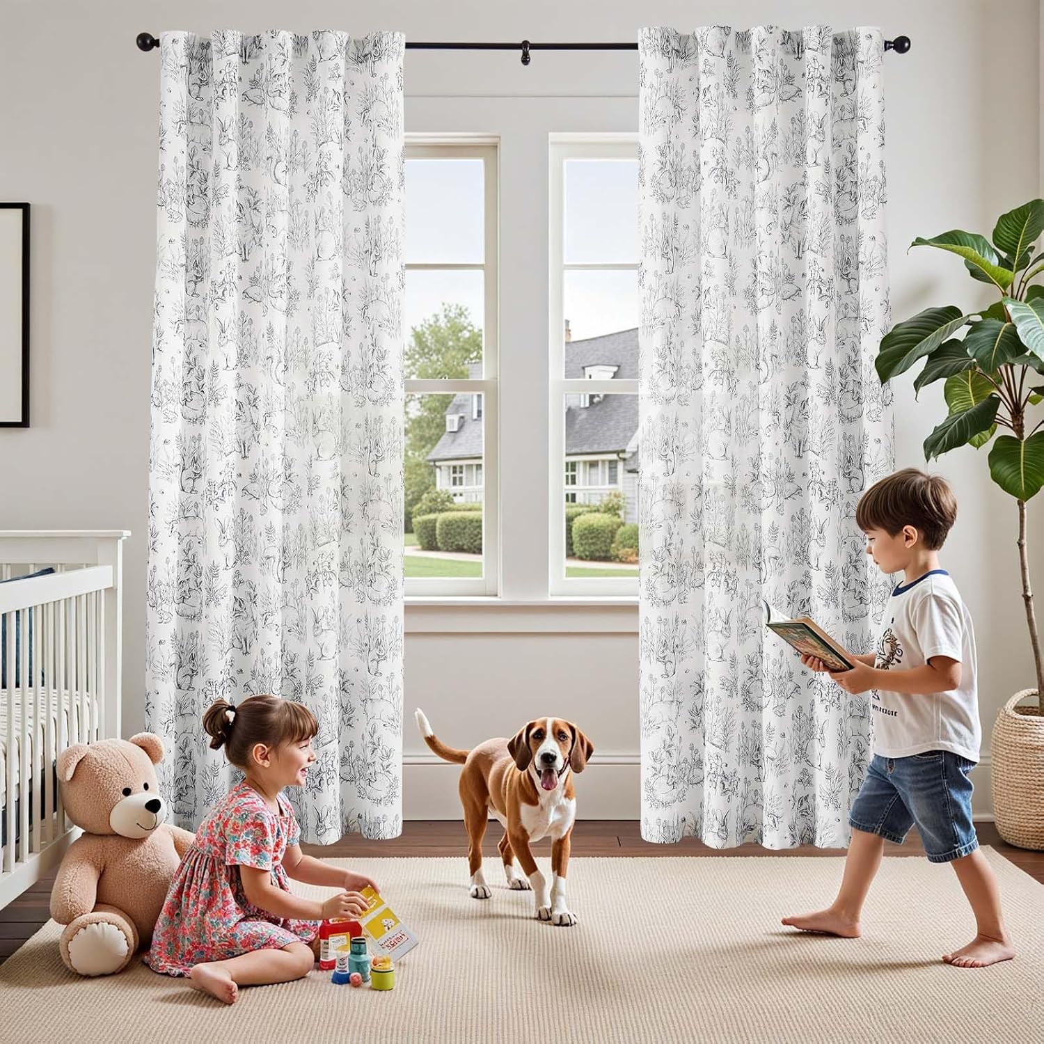 jinchan Linen Nursery Curtains 96 inch Long Woodland Wildlife Grey Print Drapes for Kid's Room Light Filtering French Country Farmhouse Gray Curtains with Bunny and Forest Design Set of 2 Panels