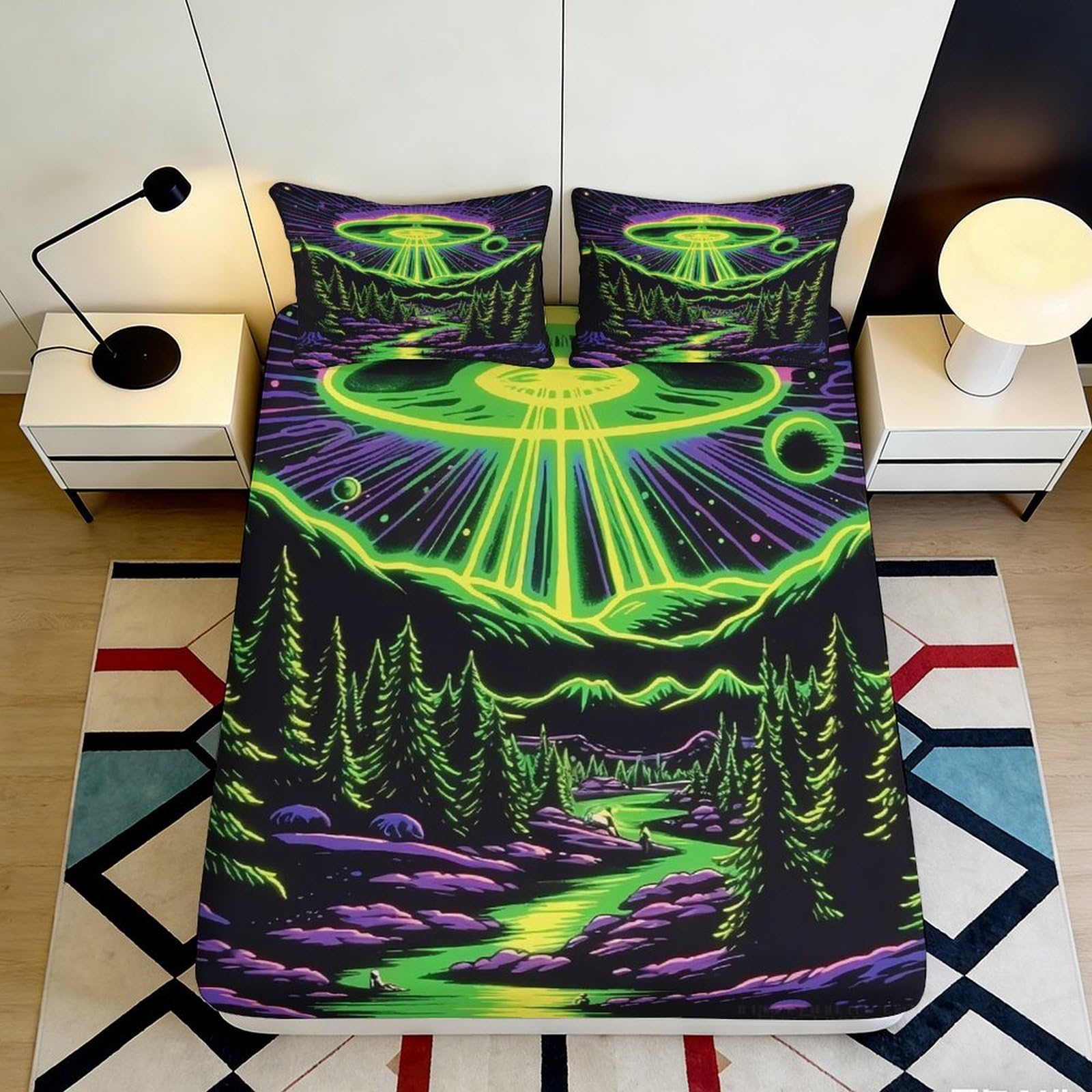 3D Printed UFO Forest Fitted Sheet Microfiber Soft Breathable Alien Spaceship Bed Cover for Bedroom Dorm Decor 90x200x25cm