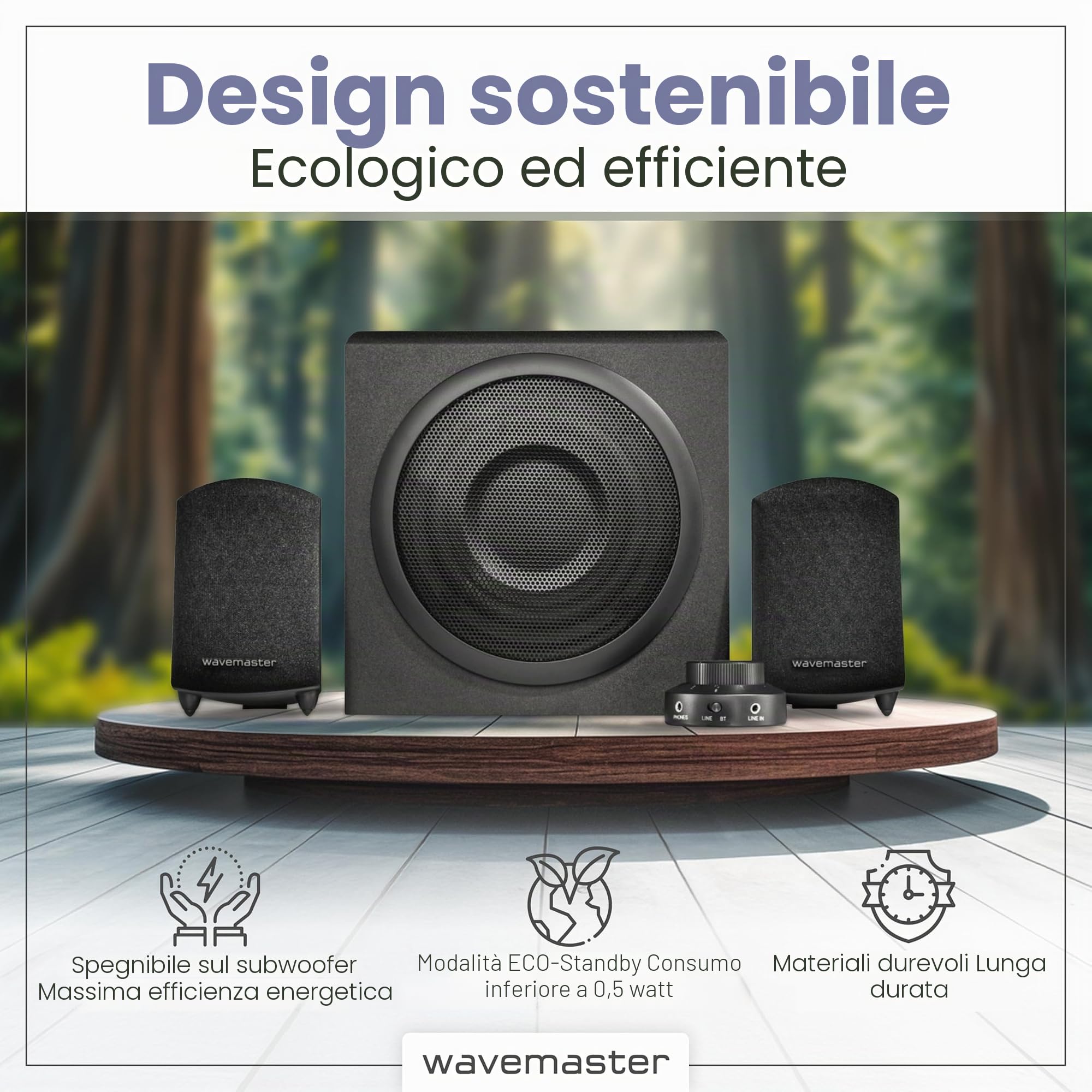 Wavemaster 66206 Moody Bt 2.1 Sistema di Altoparlanti (65 Watt) con Utilizzo di Casse Acustiche Streaming Bluetooth per Tv/Tablet/Smartphone/PC Color Nero