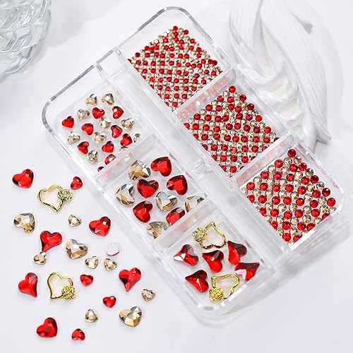 Miniatura 5 de 1 caja de 767 dijes de corazón rojo hueco 3D para decoración de uñas, gemas de amor, decoración de uñas con purpurina, corazón rojo champán, día del
