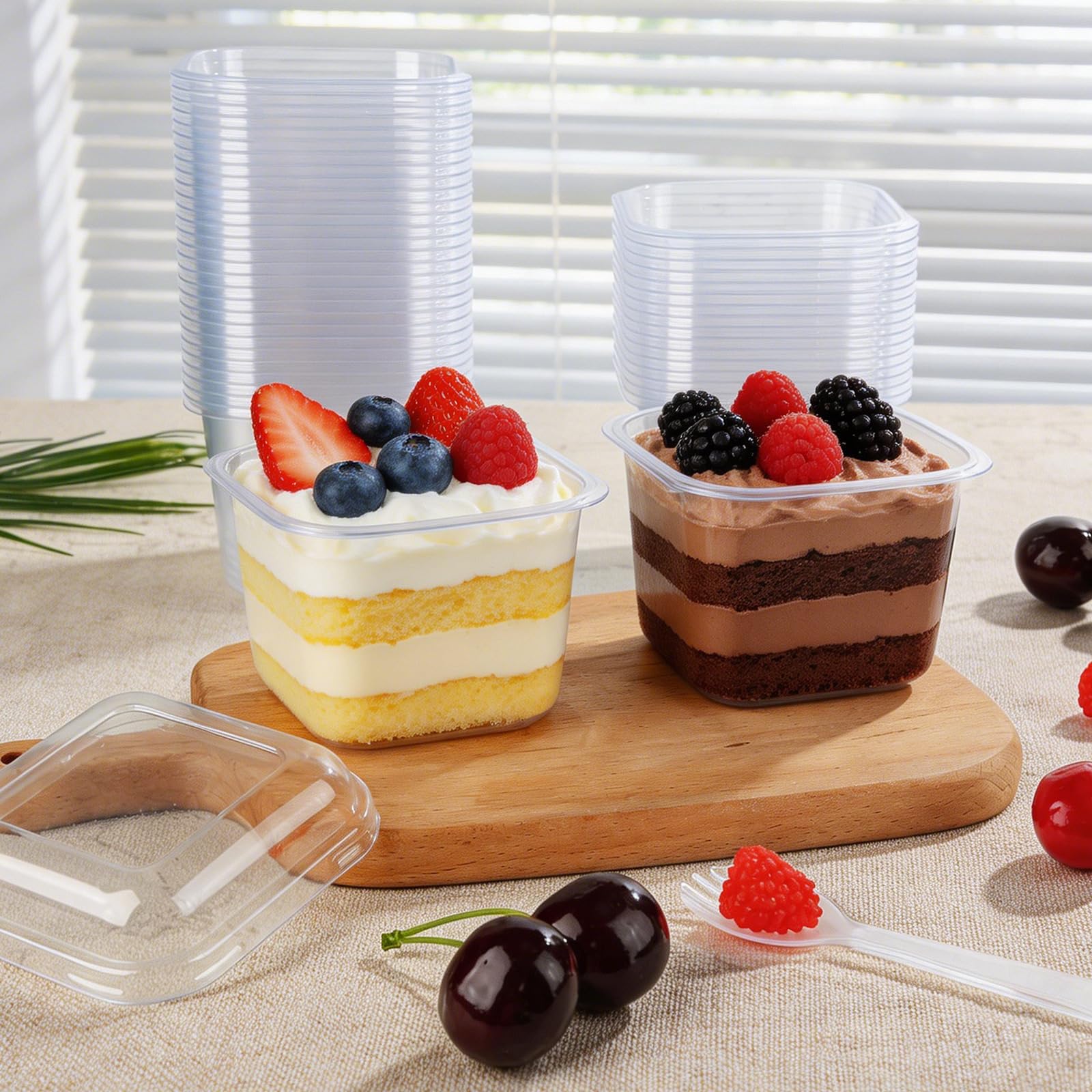ZEFAN 50 sztuk plastikowych szklanek deserowych z 50 sztukami łyżek, 300 ml szklanki deserowe z pokrywką, kwadratowe plastikowe kubki z pokrywką, wielokrotnego użytku plastikowe kubki deserowe do