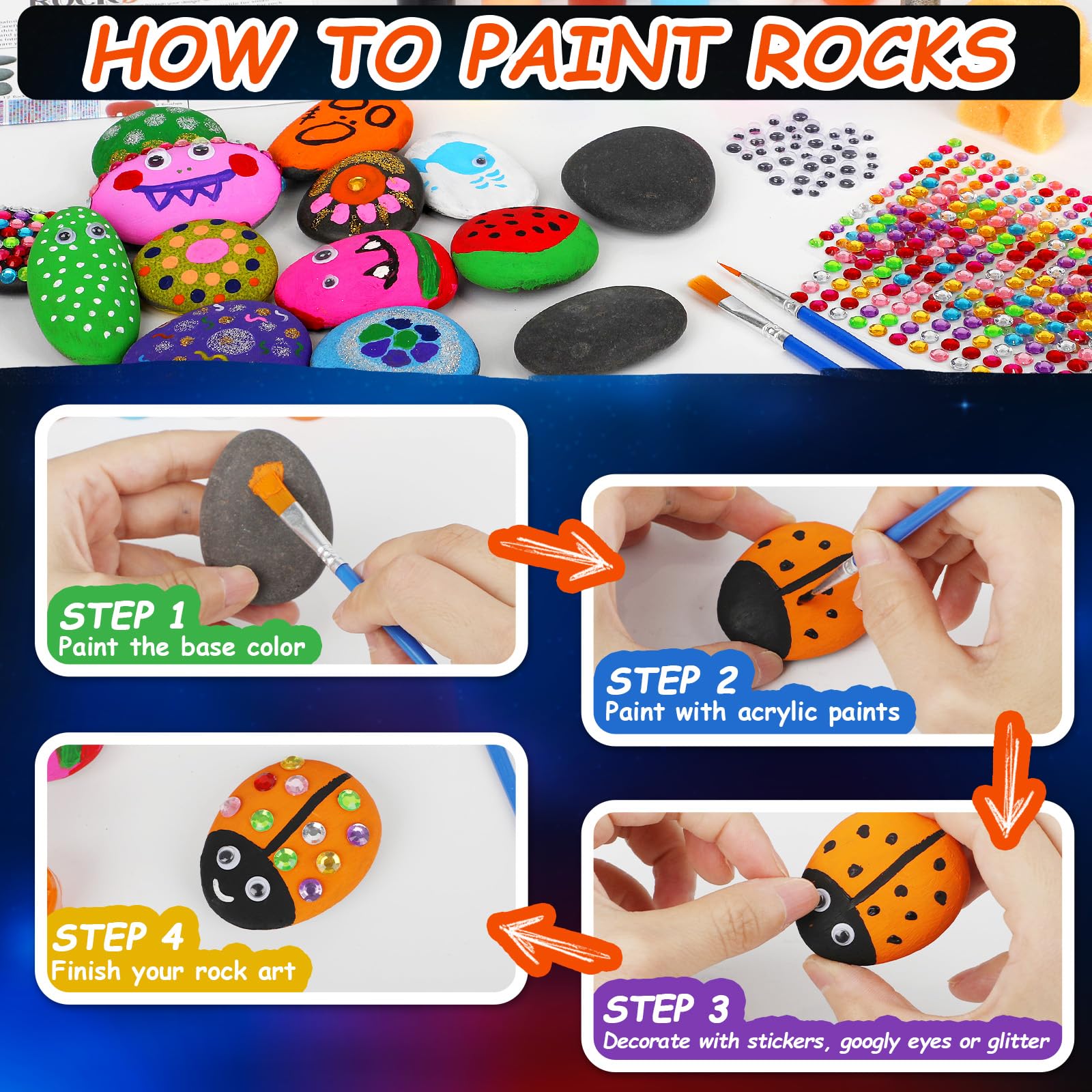 EPUMP Rock Painting Kit   Arts And Crafts For Kids Ages 6 12   Glow In The Dark