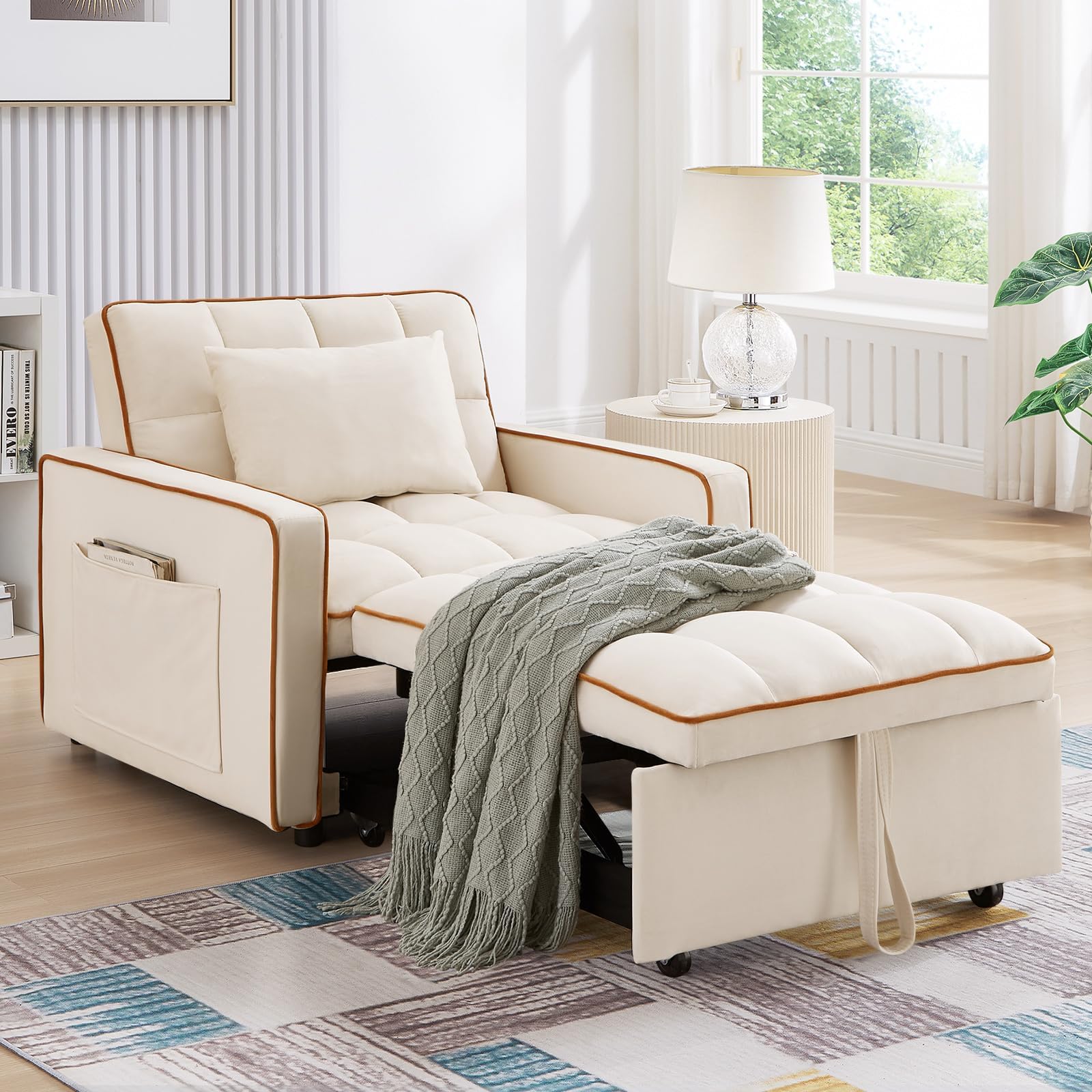 Convertible Sleeper Chair Bed, 3 in 1 Modern Velvet Pull Out Sofa Bed, Small Tufted Single Sleeper Chair with Adjustable Backrest/Pillow for Living Room, Small Spaces, Apartment, Office, Beige
