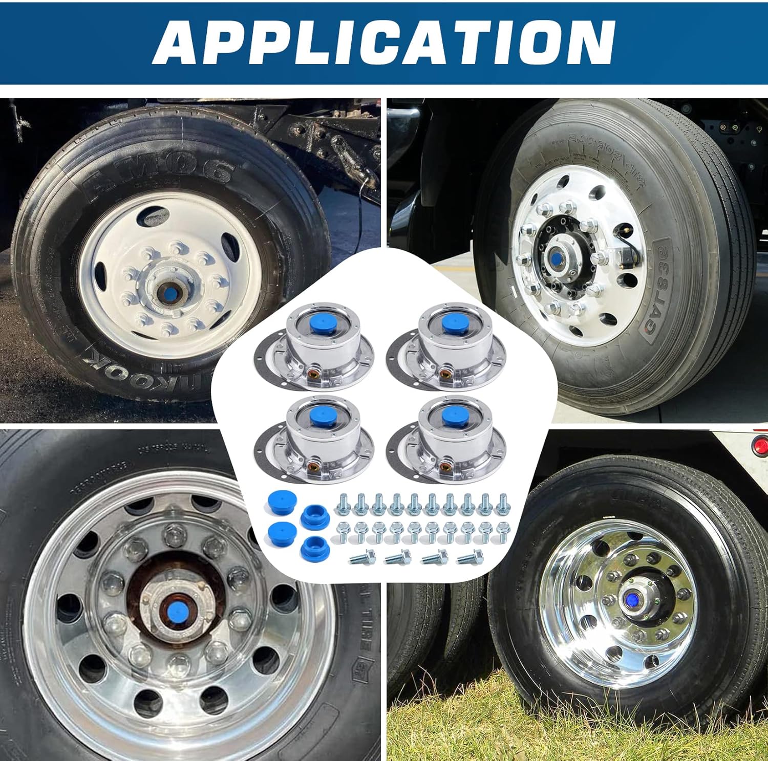 4Set 343-4009 Trailer Hub Caps, 3434009 6 Holes Aluminum Hub Cap for Trailer Axle, with 24Pcs Bolts, Side Pipe Plug, Gasket & Extra 4Pcs Blue Rubber Plugs, TR3434009 Semi Truck Hubcaps