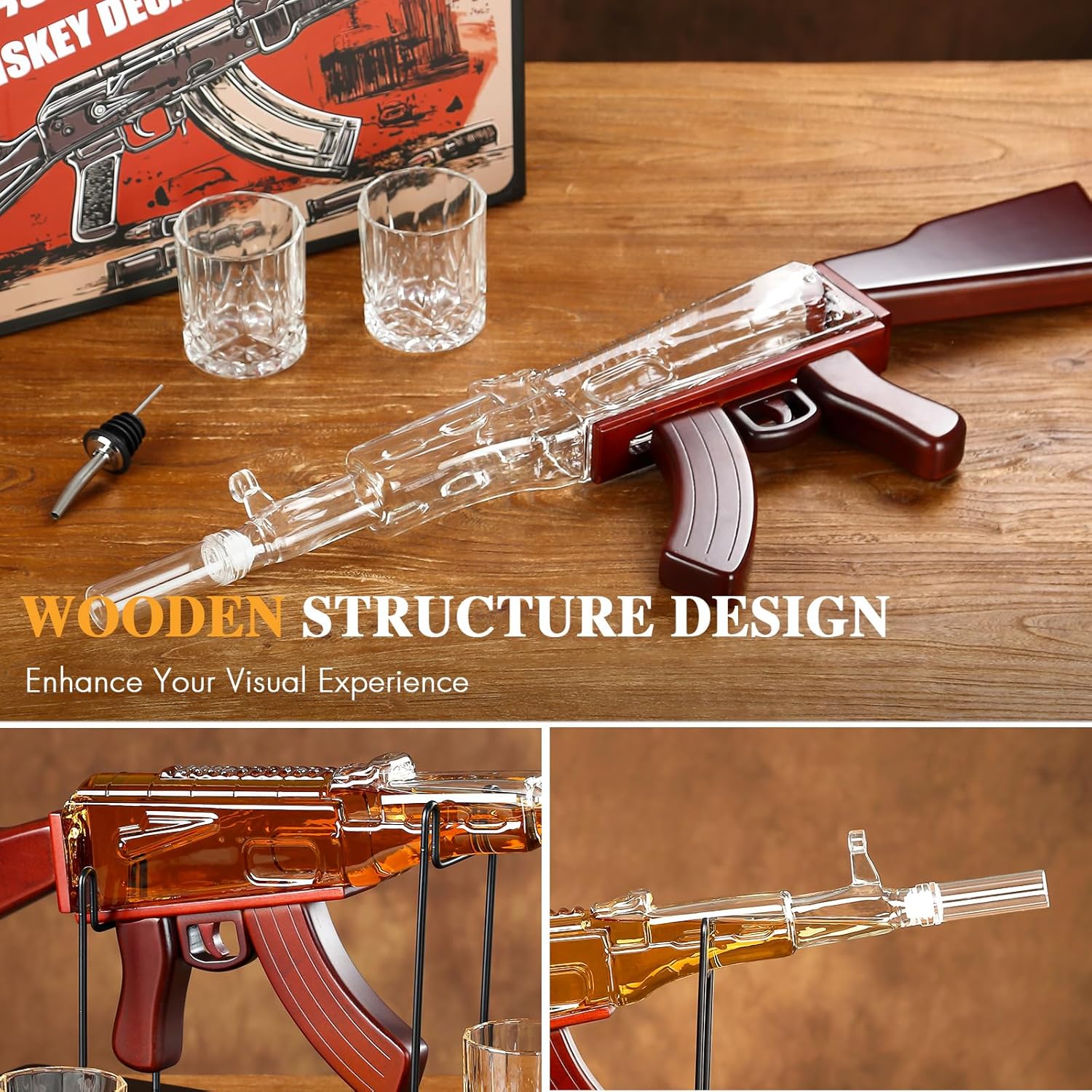 Gifts for Men Dad, AK Gun Whiskey Decanter Set with 2 Whiskey Glasses, 25 oz Large Liquor Decanter Set, Military Present for Father, Brother,Gun Liquor Dispenser Fun Conversation Starter