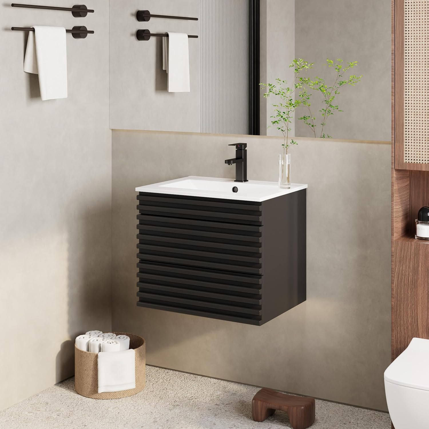 eclife 24" Floating Bathroom Vanity with Sink Combo Mid-Century Wall Mounted Cabinet with Wood Stripes Decor, Drawers, Undermount Single Sink, Faucet, Drain, Black