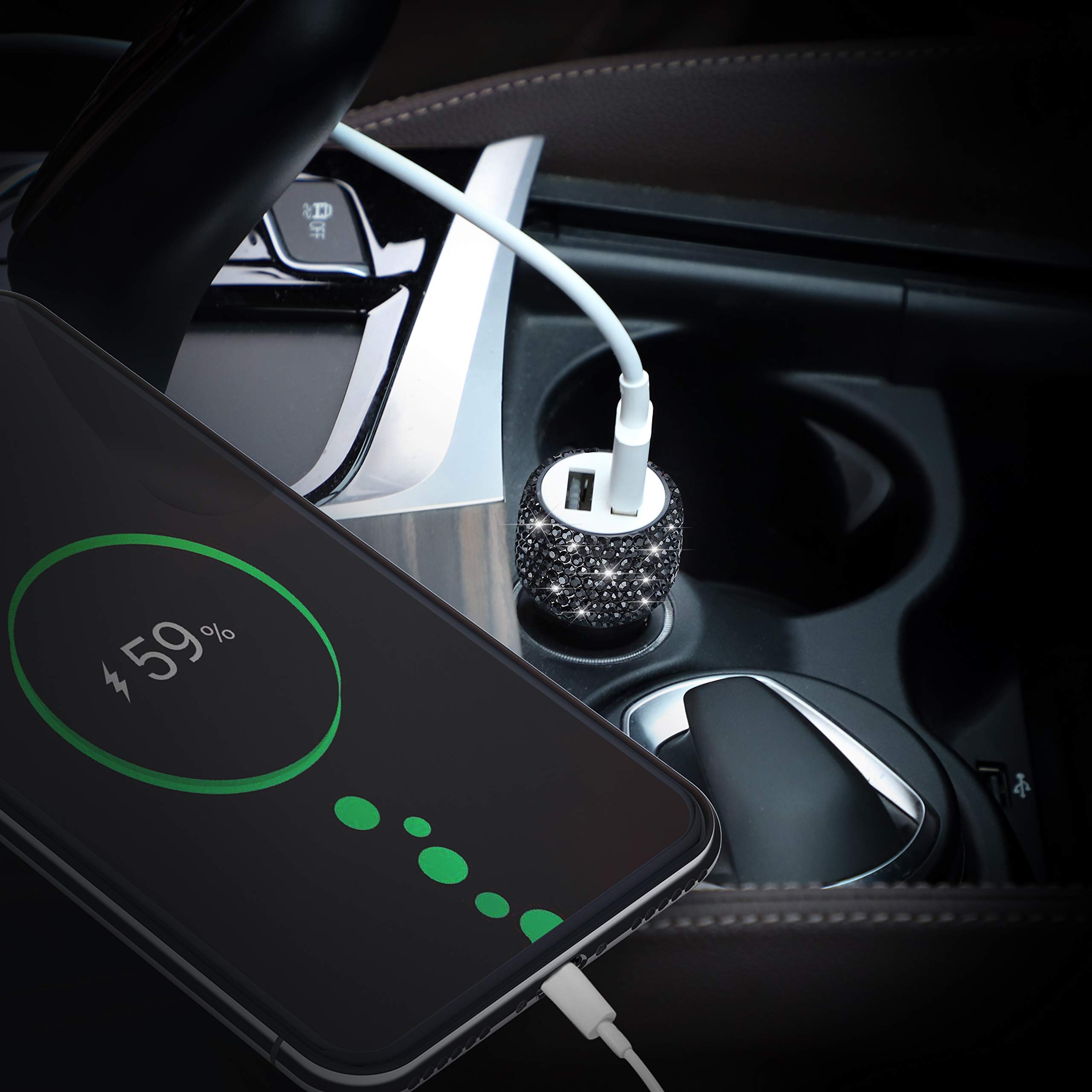 Cargador Dual USB para Coche, SAVORI Car Adapter Bling Bling Rhinestones Crystal Car Decorations for Fast Charging Car Decors for iPhone XS MAX X Plus, iPad Pro/Mini, Samsung
