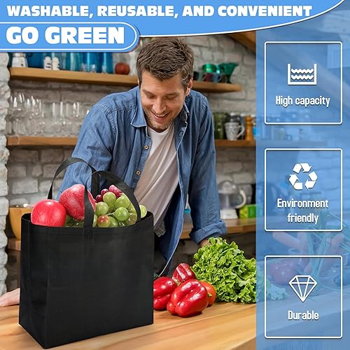 Miniatura 4 de 200 bolsas de comestibles reutilizables de 12.6 x 11.8 x 6.3 pulgadas, grandes bolsas de compras no tejidas plegables y portátiles a granel