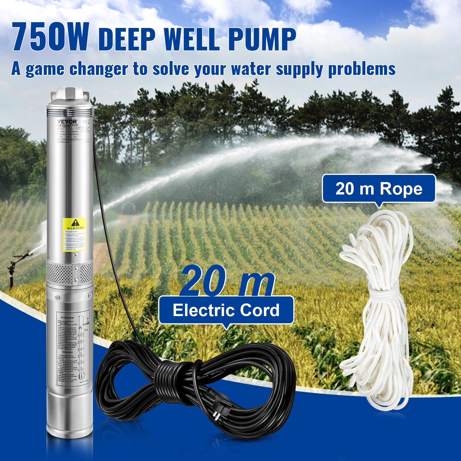 VEVOR Pompe Immergée pour Puits 100 L/min 66 m à Eau Profond en Acier Inox, Électrique 750 W, de Submersible Automatique Usage Domestique Agricole Industriel, Argent,