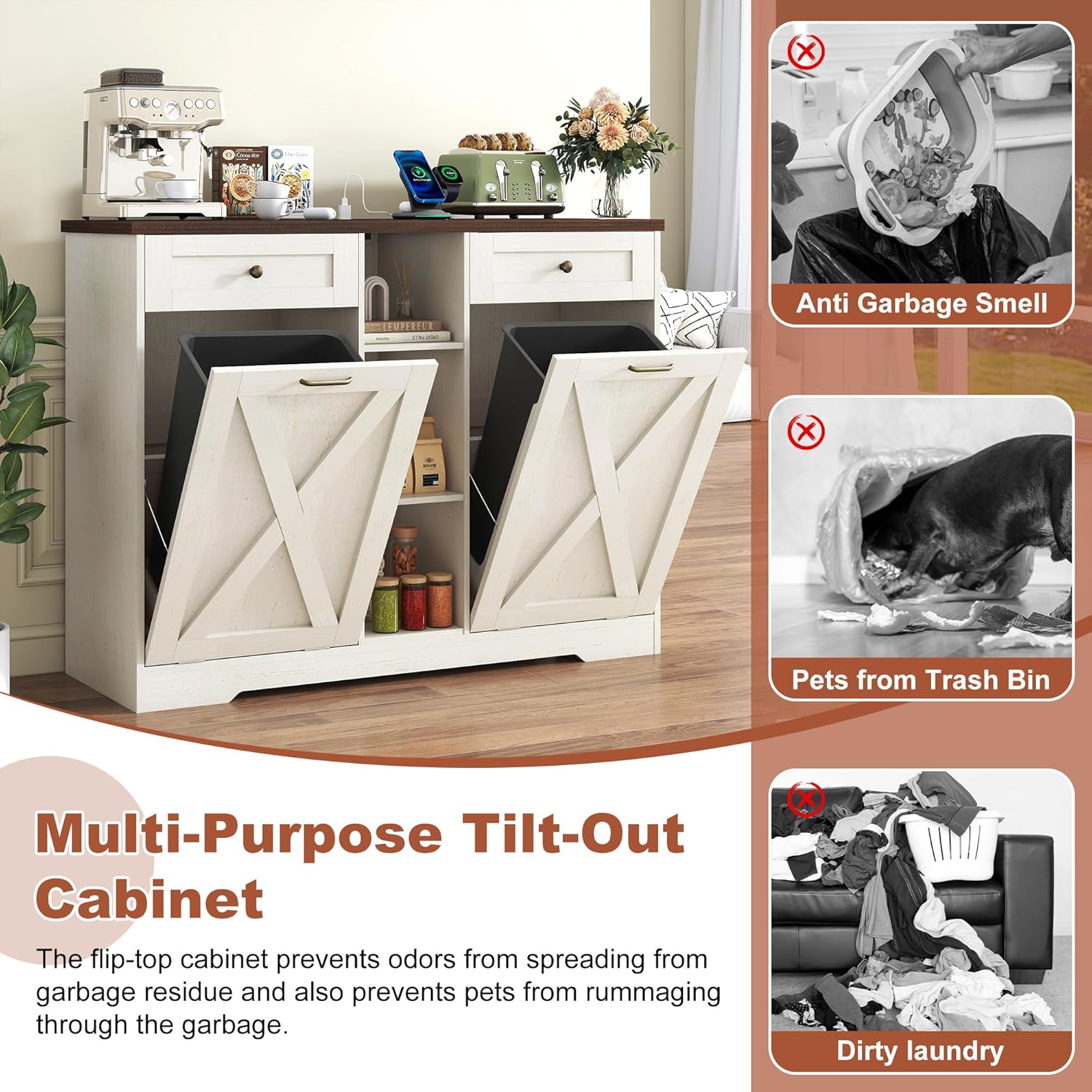 Double 10 Gallon Tilt Out Trash Can Cabinet, Wooden Trash Cabinet with Deodorizing Function and Charging Station, 2 Storage Drawers & 3 Open Compartments for Kitchen, Bathroom, Living Room, White
