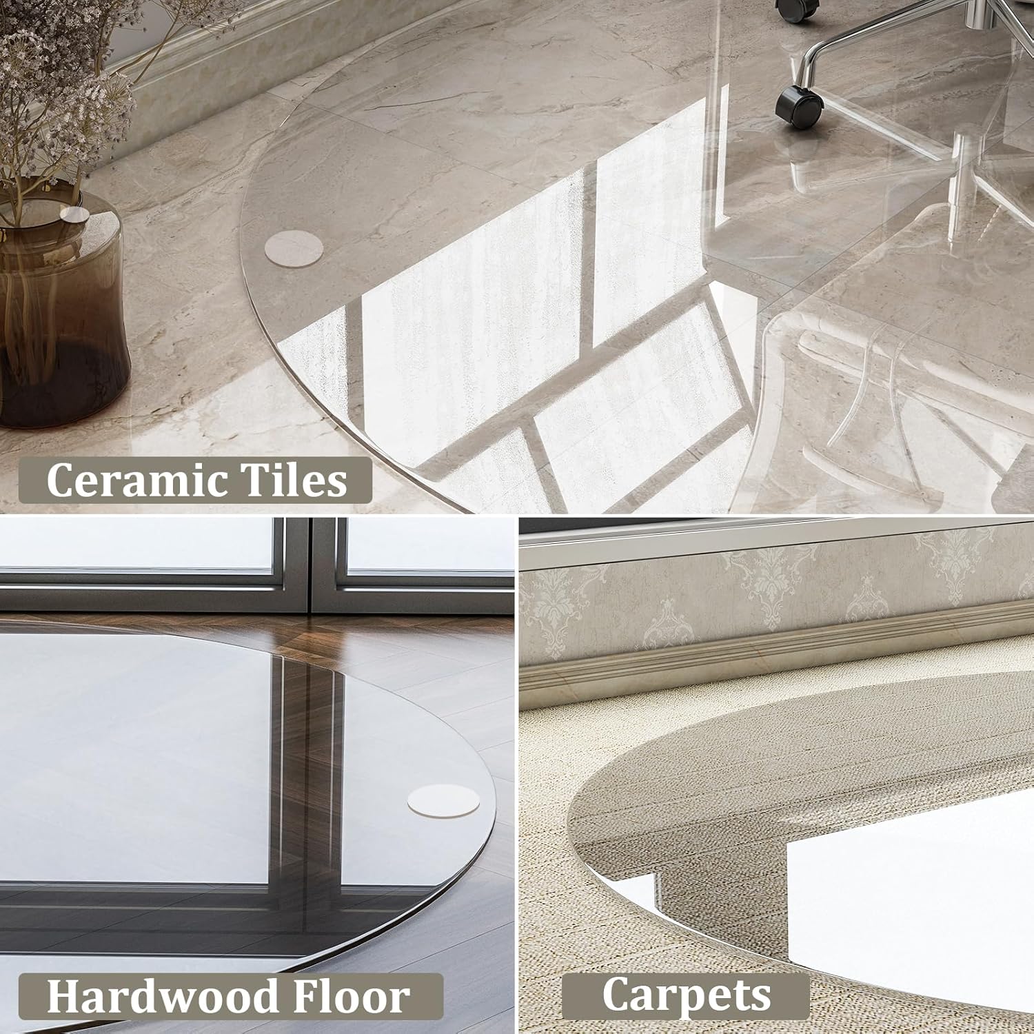 HARRITPURE Tempered Glass Chair Mat, 46 inch Heavy Duty Round Hard Floor Mat for Office Desk, Rolling Chair Mat for Carpet & Hardwood Floor, with 4 Non-Slip Pads
