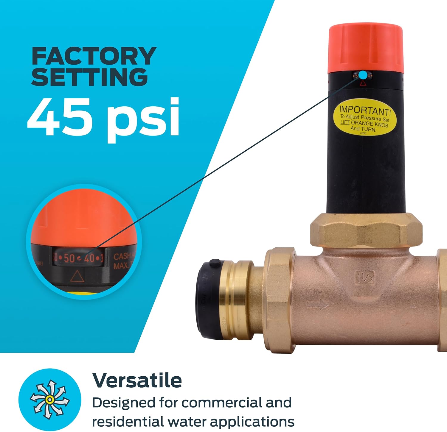 SharkBite 1-1/2 Inch EB25 Double Union Pressure Regulating Valve (PRV), Push to Connect Brass Plumbing Fittings, PEX Pipe, Copper, CPVC, PE-RT, HDPE, 25845-0045