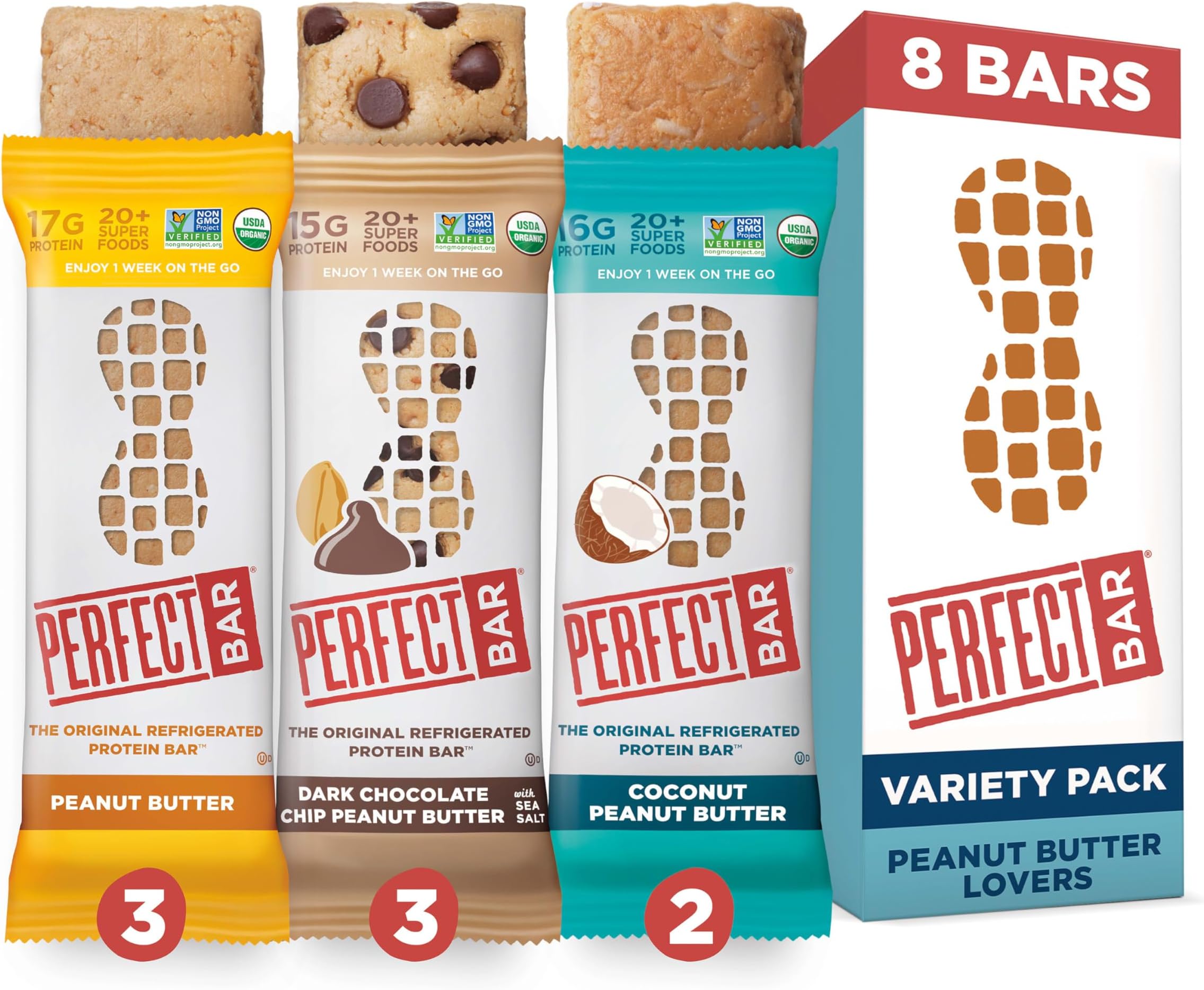 Perfect Bar Original Refrigerated Protein Bar, Peanut Butter Lover's Variety Bundle, 2.2-2.5 Ounce Bar, 8 Count