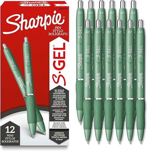 Sharpie Gel, Gel Pens, Medium Point (0.7mm), Forest Green Barrel, Black Ink, 12 Count