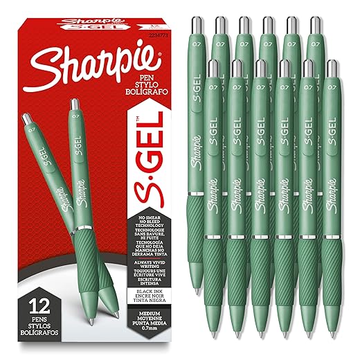 Sharpie S-Gel, Gel Pens, Medium Point (0.7mm), Forest Green Barrel, Black Ink, 12 Count