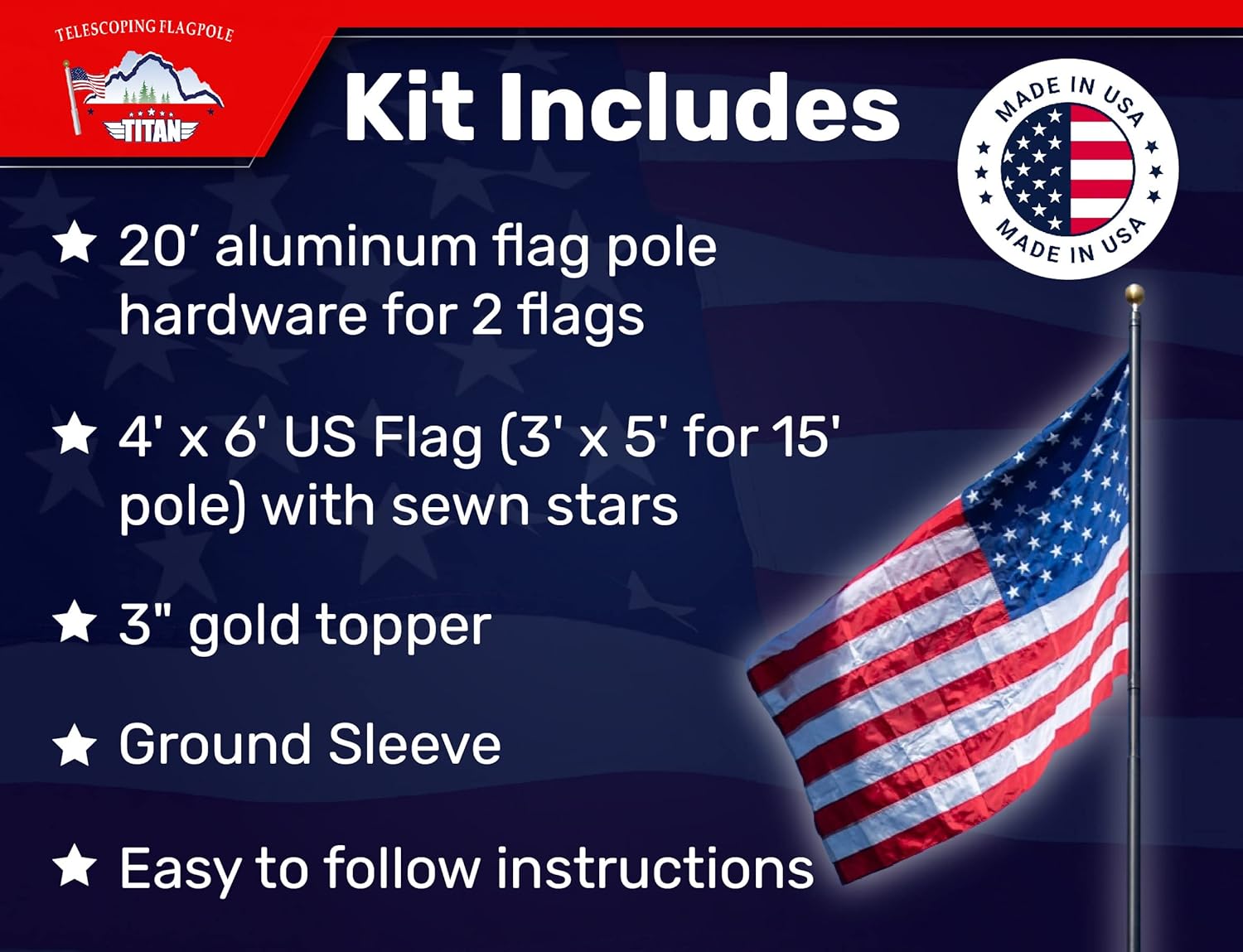 Titan Telescoping Flag Poles, 20ft Dark Bronze - Made in the USA Heavy Duty Flag Pole Kit with Anodized Aluminum Telescoping Flag Pole, 4 x 6 American Flag, Hardware for 2 Flags, Assembly Instructions