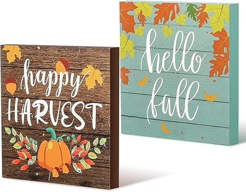 Maitys 2 piezas de letrero de Acción de Gracias con texto en inglés "Happy Harvest", diseño de calabazas, bloque de madera rústico, centro de mesa