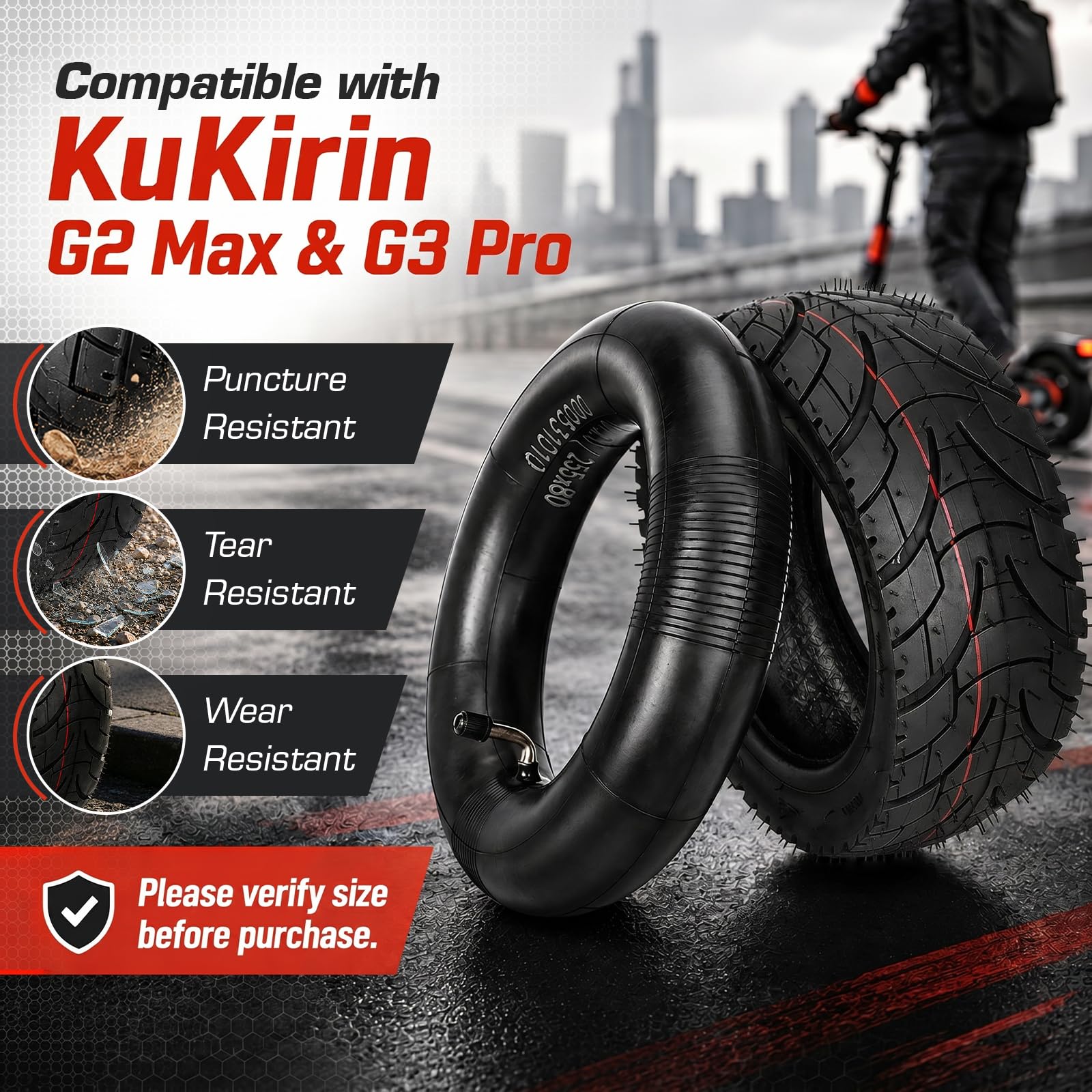 24 X 15 Ruote di Ricambio Pneumatici Esterni Interni per Kukirin G2 Max/Kukirin G3 Pro Monopattino elettrico 10 X 3.4 Pneumatici ispessiti (1 Camere d'Aria+Pneumatico Esterno)
